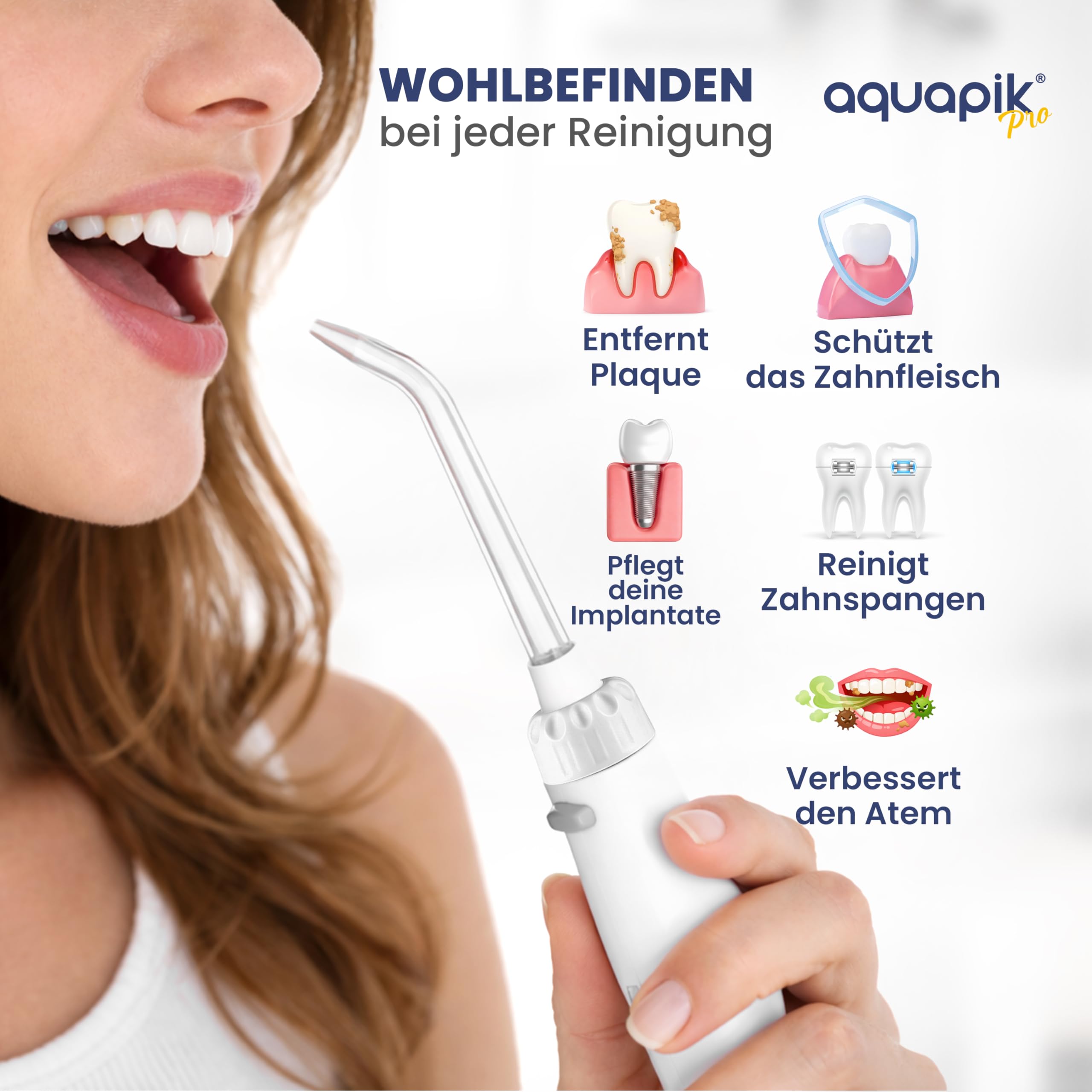 Munddusche Aquapik PROfessionelle mit Precision Pulse Technologie - 10 Druckstufen und 8 Aufsätzen, für Zahnspangen, Implantate, empfindliches Zahnfleisch und die tägliche Mundpflege