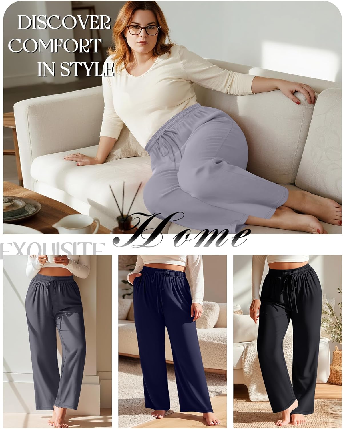 Neer 4 Pack Women's Plus Size Sweatpants Wide Leg Elastic Waist Lounge Yoga Pants Loose Fit Drawstring Jogger with Pockets - Image 2