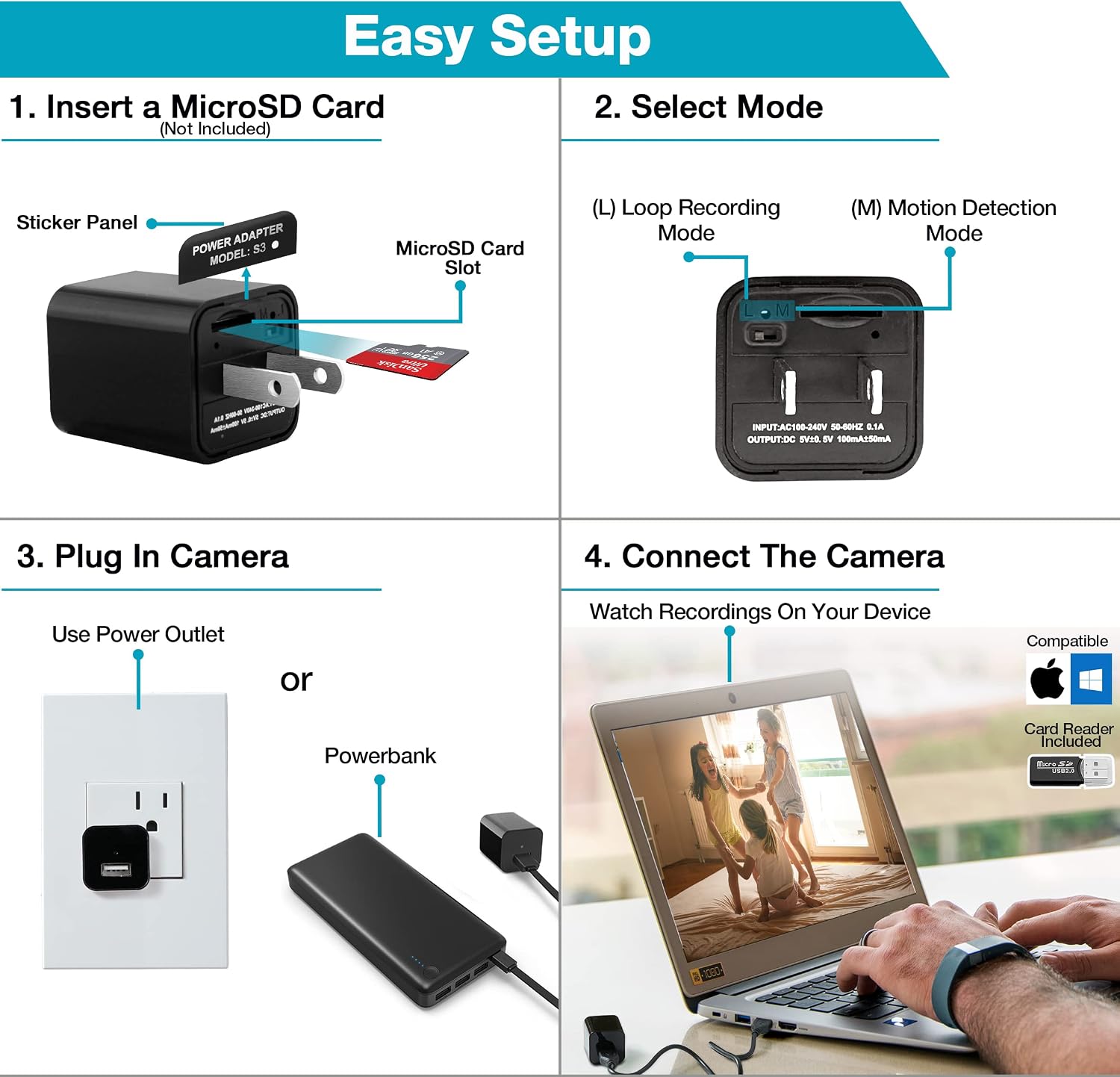 Asani Hidden Spy Camera USB Charger, Office & Home Security Nanny Cam with SD Card Surge Protection, Motion Detection, Full HD Video, Connects to Smartphone, Secret Camera for Elderly Parents, Pets