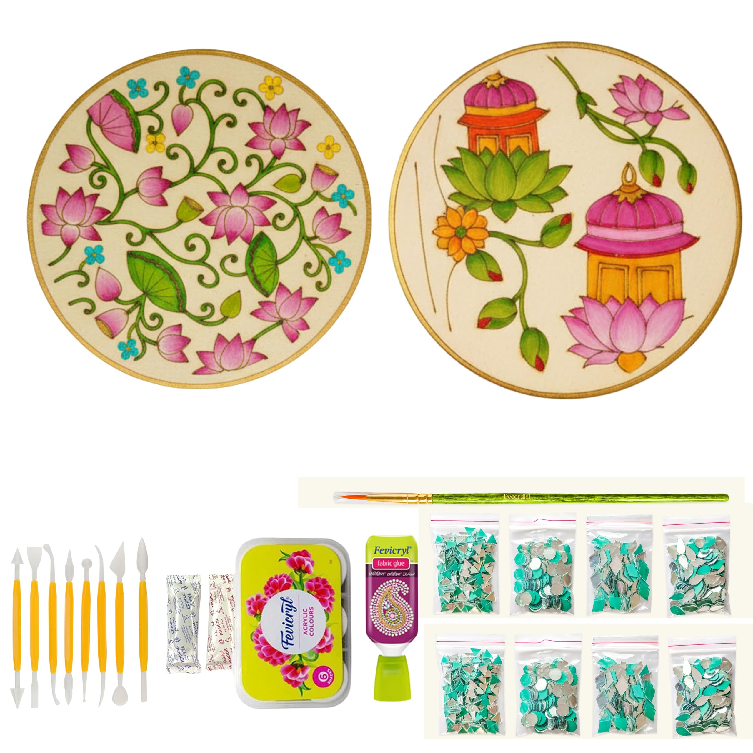 Decordial Foral lippan Art Materials DIY kit with Lotus Flower Designs Premarked MDF Board (2 pcs premarked Art Board, Ideal for Festive Gifting, Artists, Students-image-4