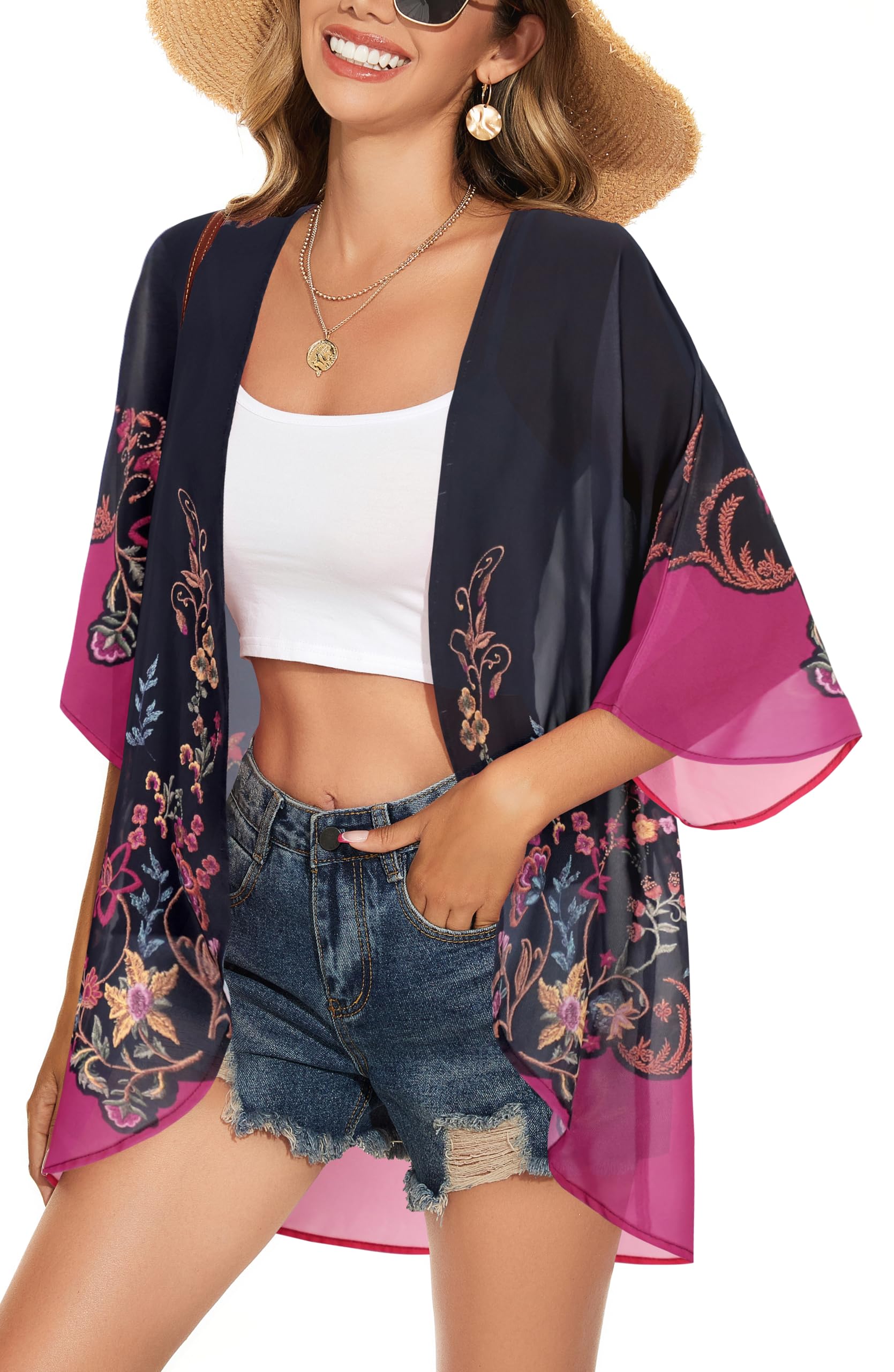 ADOREJOY Women's Tops Summer Kimono Cardigan Floral Print Puff Sleeve Swimsuit Cover Up Casual Loose Fit Blouse — view 14