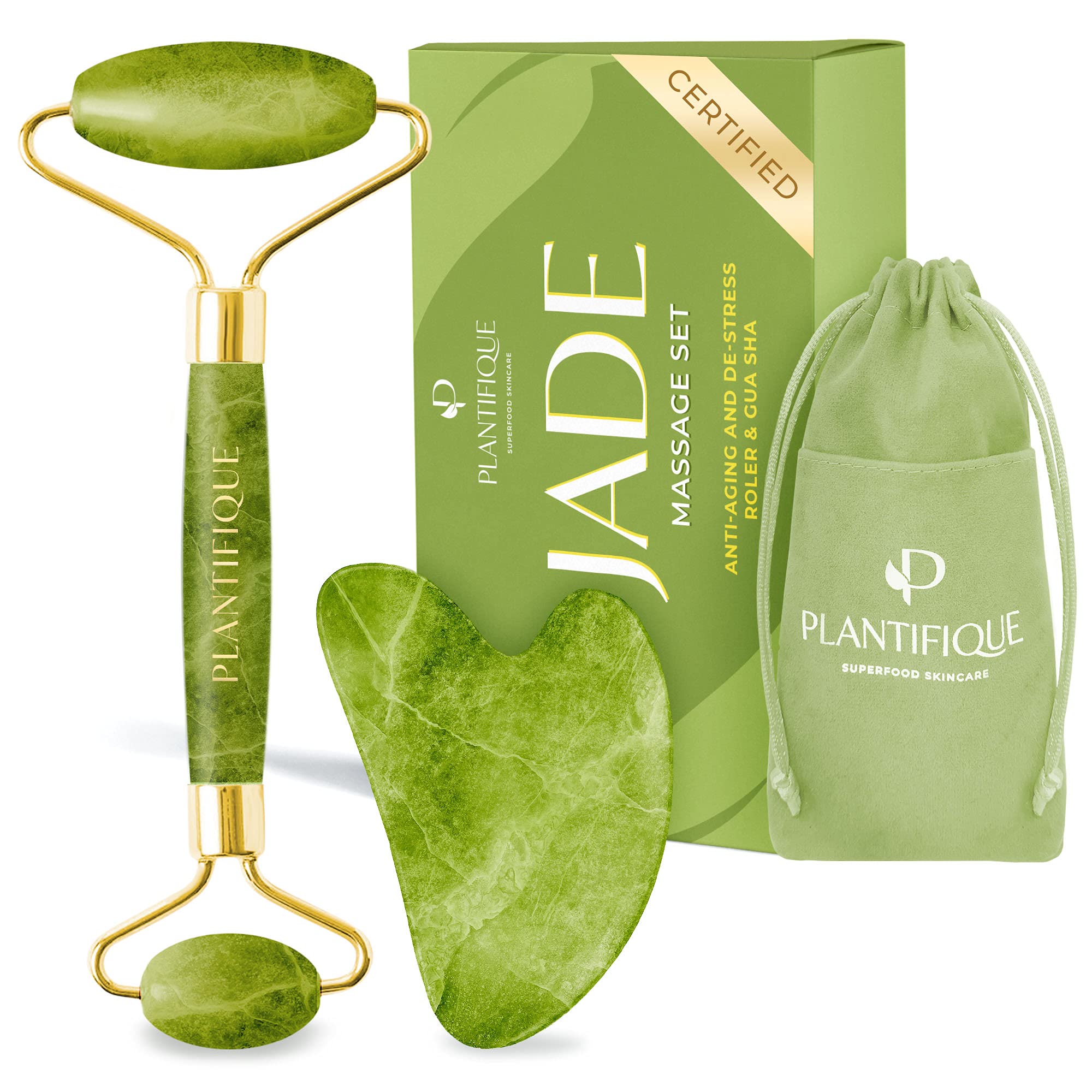 PLANTIFIQUE Jade Roller Gift Set - Includes Anti Aging Facial Roller and Gua Sha Massage Tool - Face Massager for Your Ski...