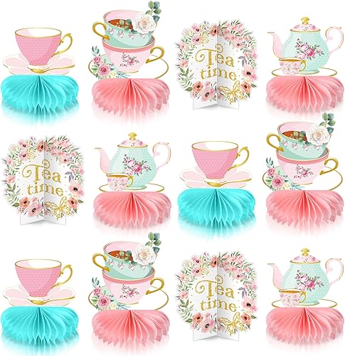 12 piezas de decoración de fiesta de té, tetera floral, centros de mesa de panal de abeja, decoración de mesa de fiesta de té para princesa,