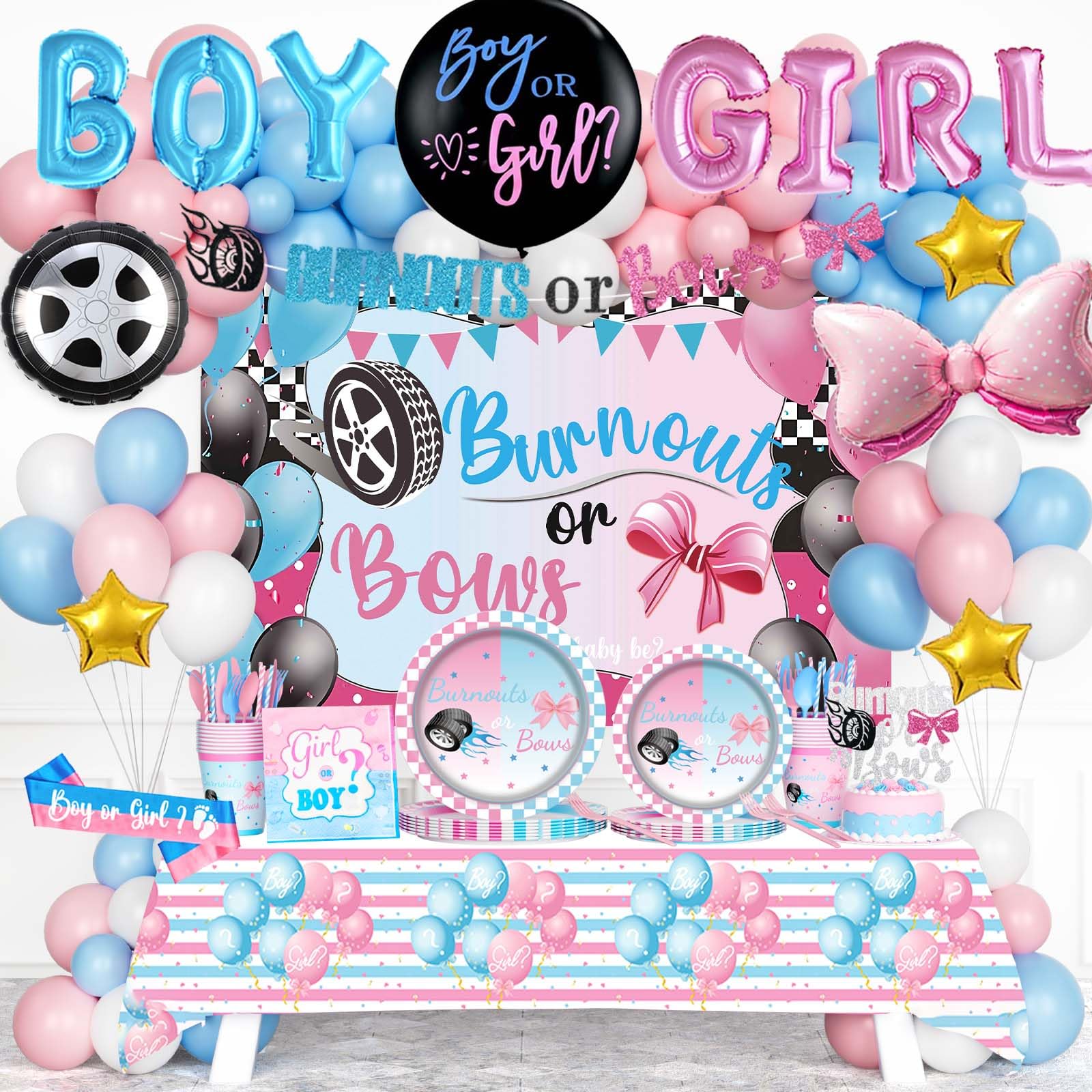 Fiesec Burnouts or Bows Gender Reveal Decorations, Boy or Girl Gender Reveal Supplies, He or She Backdrop Banner Balloon Tablecloth Plate Napkin Cup