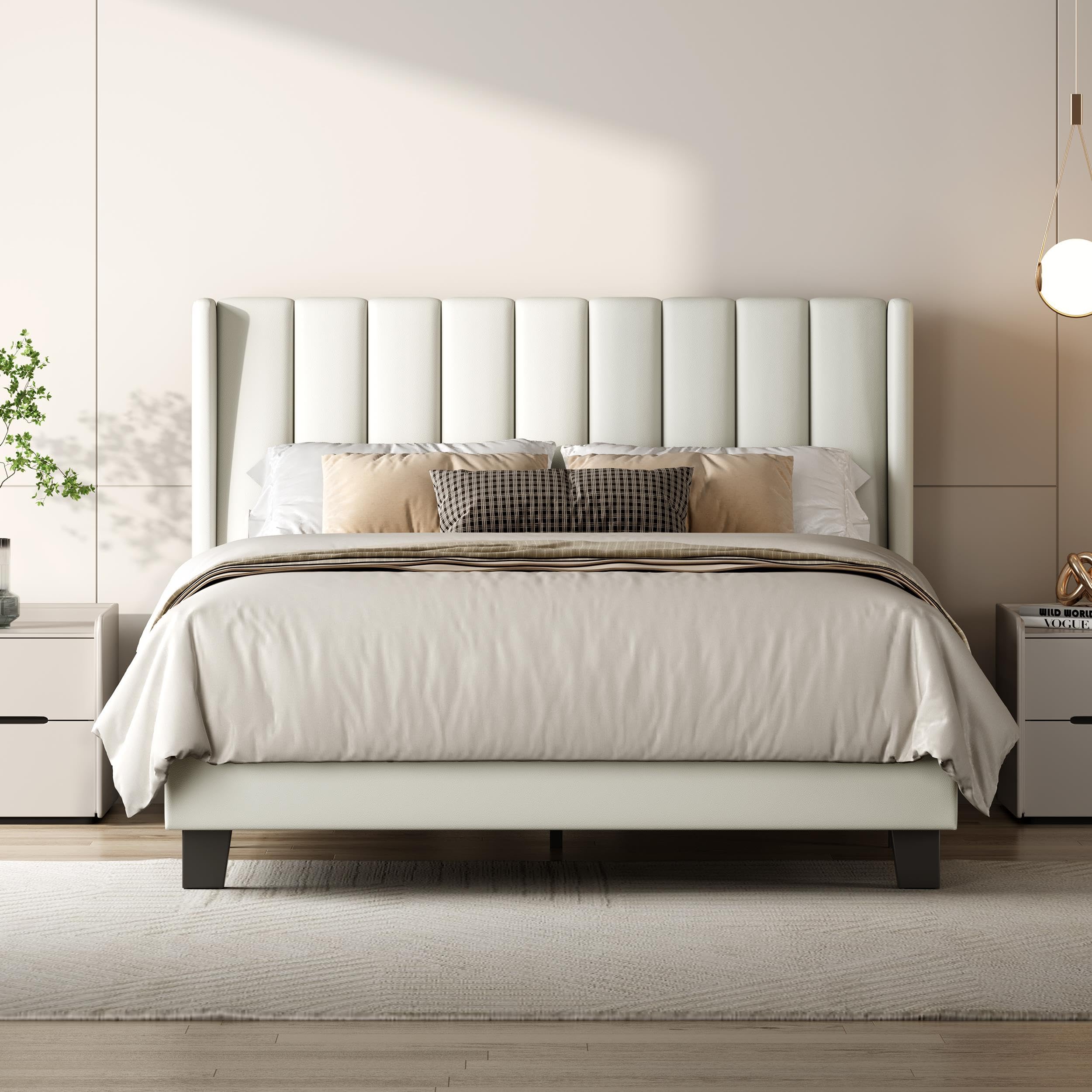 Yaheetech 4ft6 Double Bed Frame, PU Leather Tufted Wing Headboard, Cream โ image 1