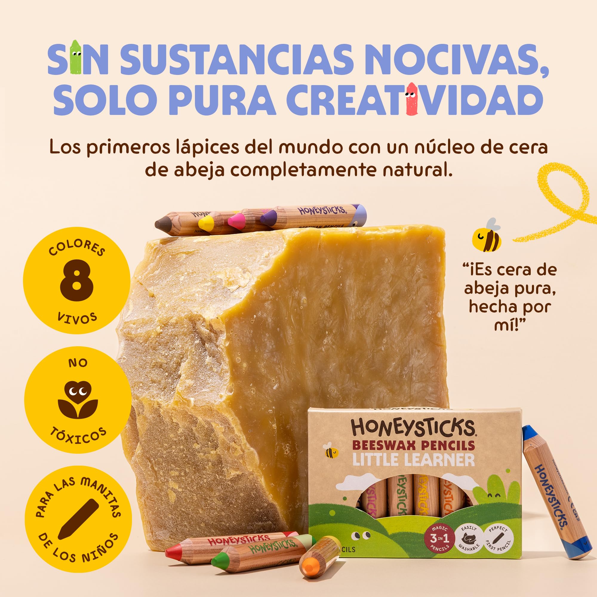 Honeysticks Little Learner Lápices de Colores de Cera para Niños Jumbo, Pack de 8 – Mis Primeros Lápices con Núcleo de Cera de Abeja No Tóxica, Fácil Agarre, Colores Vivos, Para Niños de 1 a 4 Años