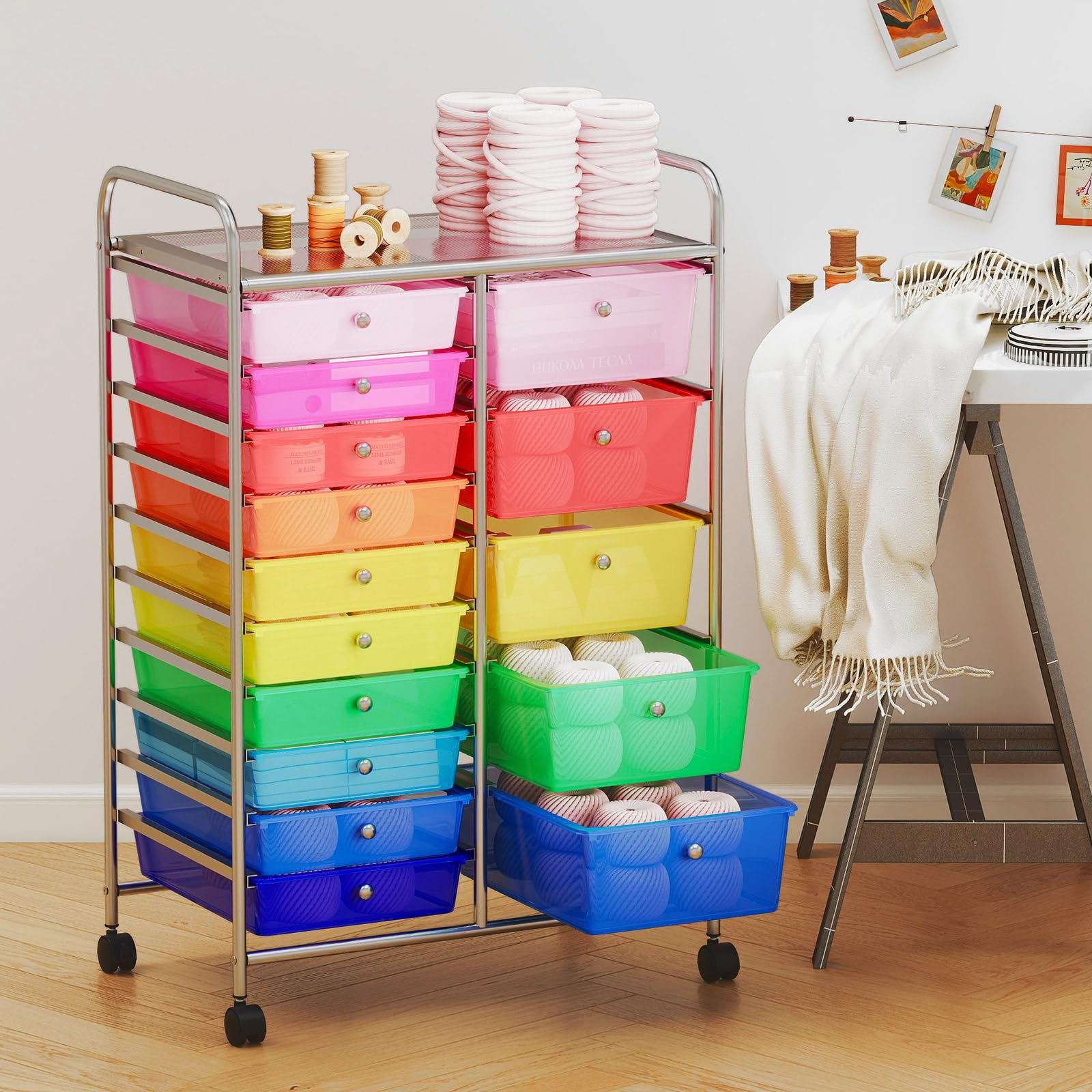 GIANTEX Chariot de salle de bain avec tiroirs empilables 10/15 avec roues universelles verrouillables, chariot de rangement pour la maison et le bureau, chariot de rangement sur roulettes (multicolore