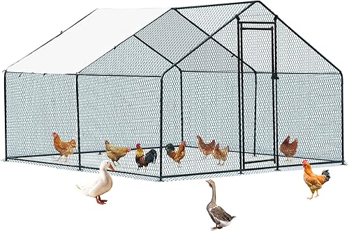 Vista 10 de VINGLI Gallinero grande, jaula de metal para aves de corral, corral de pollos de techo plano con cubierta impermeable y anti-UV para exteriores