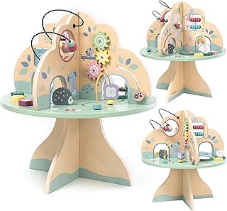 mamabrum Educational Table & Motor Skills Table Wooden for Children from 12 Months - Activity Table with Motor Skills Bow, Shape Sorter, Abacus & Learning Clock - Montessori Educational Toy MAM195