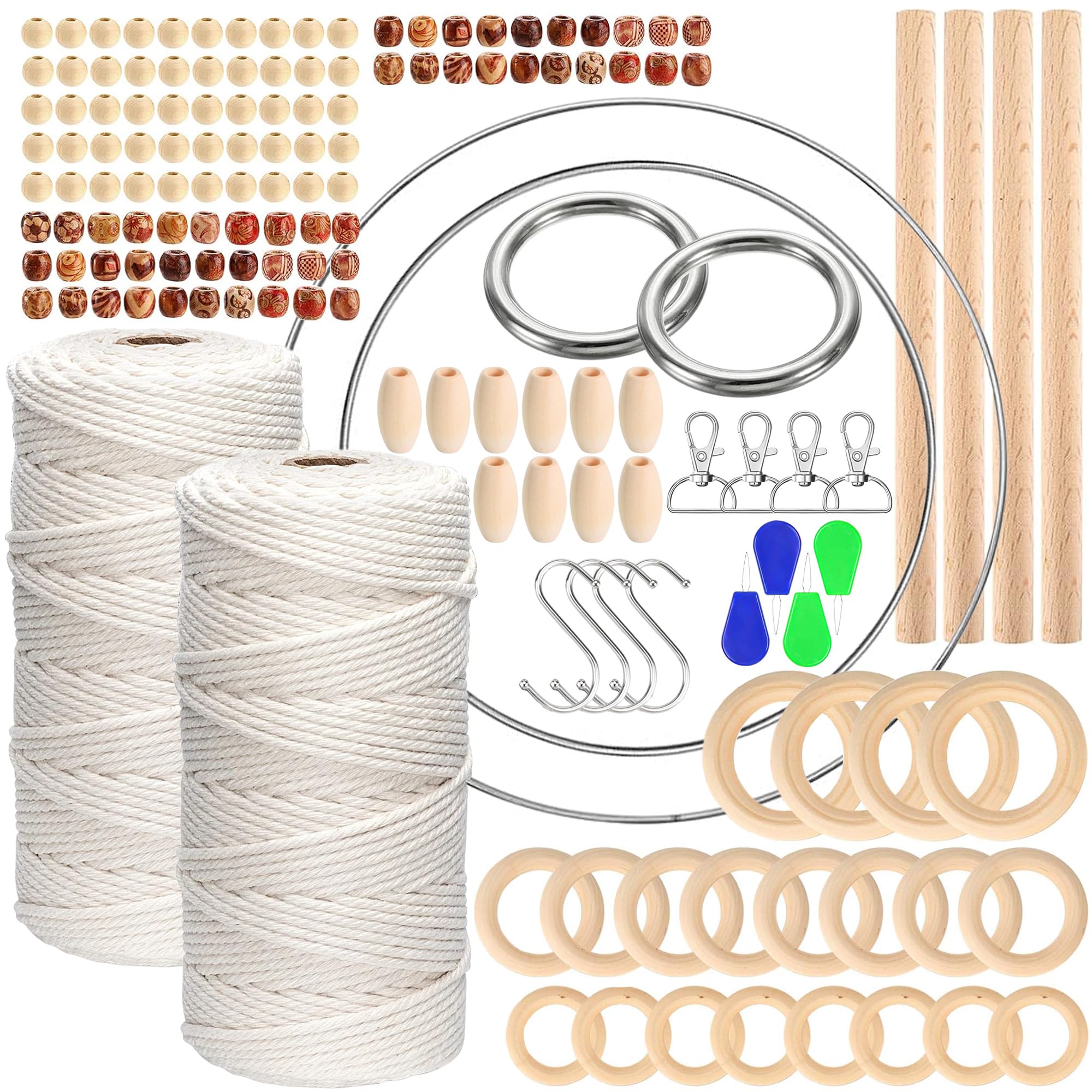 Macrame Kit for Adults, Featuring 3mm Macrame Cord 200M, 110PCS Wooden Beads, 20PCS Wood Rings, 4PCS Wood Sticks, 4PCS Metal Rings & Others Accessories DIY Macrame Wall Hanging Craft Kit for beginners