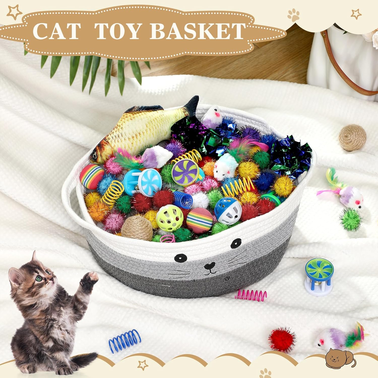 Zopeal 58 Pcs Mother’s Day Cat Storage Basket Gift Toys Set, Colorful Flashing Balls Pet Bell Crinkle Balls Spring Toys Attract Cat to Swat, Hunt, Interactive for Pet(Multicolor,12 Inch)
