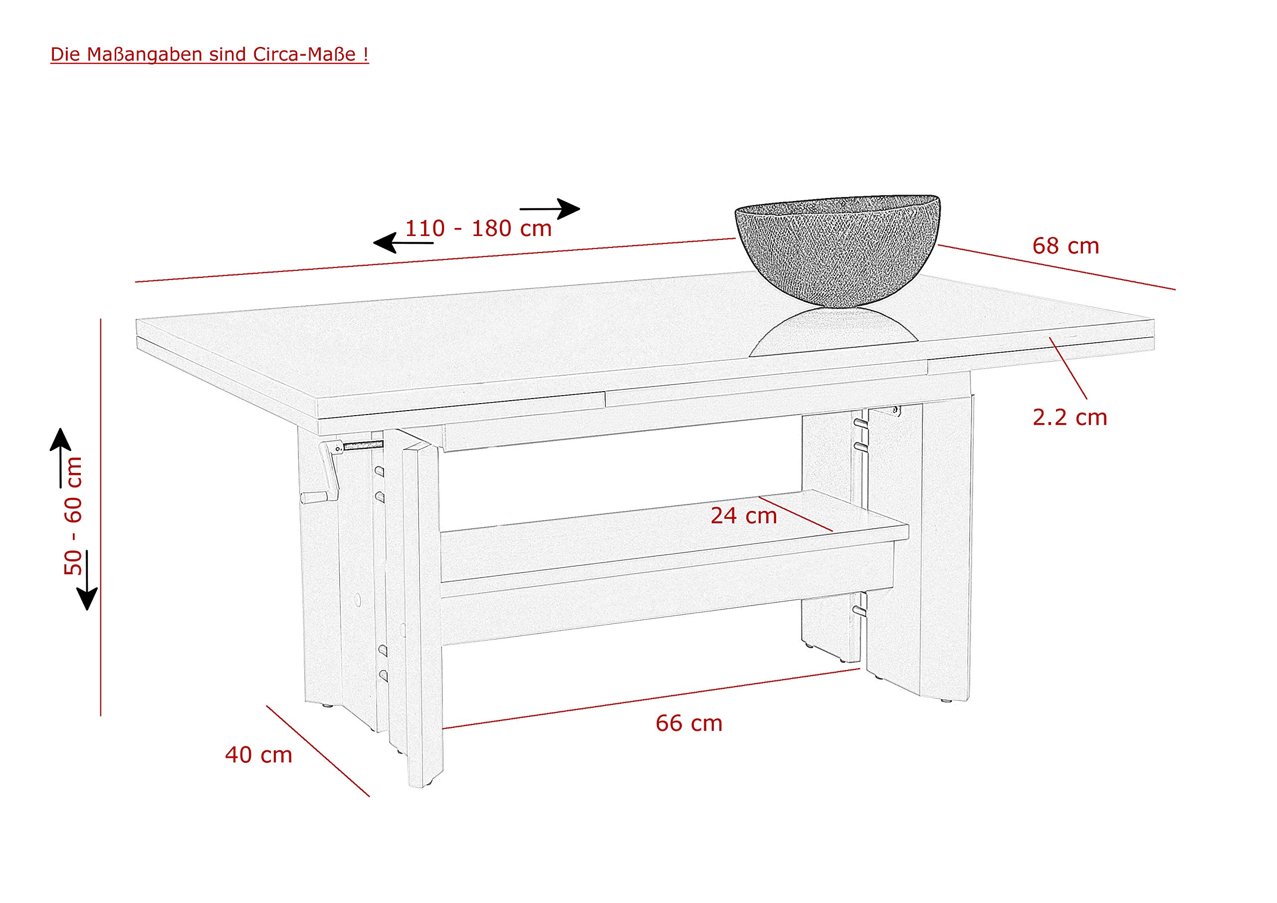 Hela Tische, Funktionscouchtisch Dario, Lackiert Hochglanz Weiß, ausziehbar 110-180cm, höchenverstellbar 50-60 cm, Ablageboden, Handkurbel