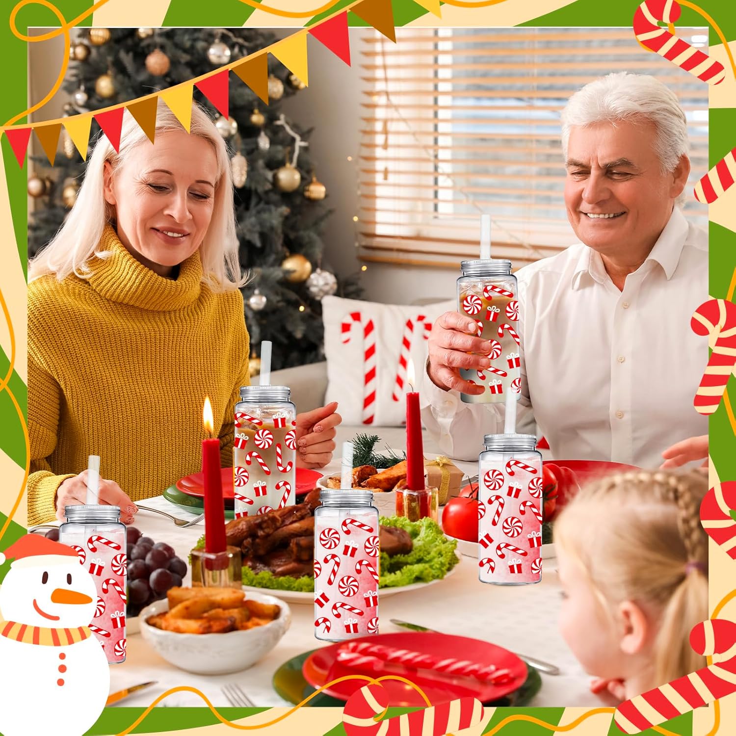 Whaline 20Pcs Christmas Candy Plastic Cups with Lids and Straws Clear Xmas Winter Party Drinking Cups Peppermint Candy Cane Reusable Tumblers for Holiday Party Supplies - Image 6