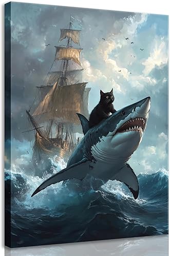 Vista 9 de PPJ Arte de pared de gato negro de dibujos animados, gato negro retro contra tiburón, divertido póster con impresión de gato peculiar renacentista