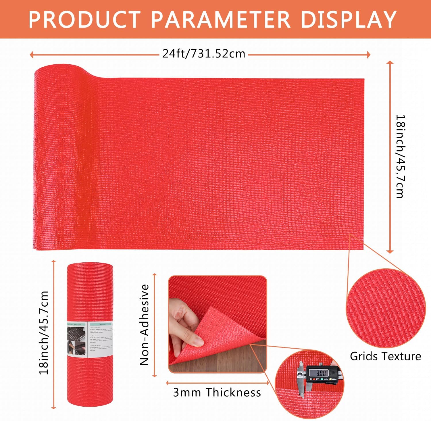 Foam Toolbox Liner Drawer Mat 1/8 Inch Thick X 18 Inch Wide X 24 Ft Long Red, No Slip for Protecting Cabinet, Garage, Cart, Tool Box