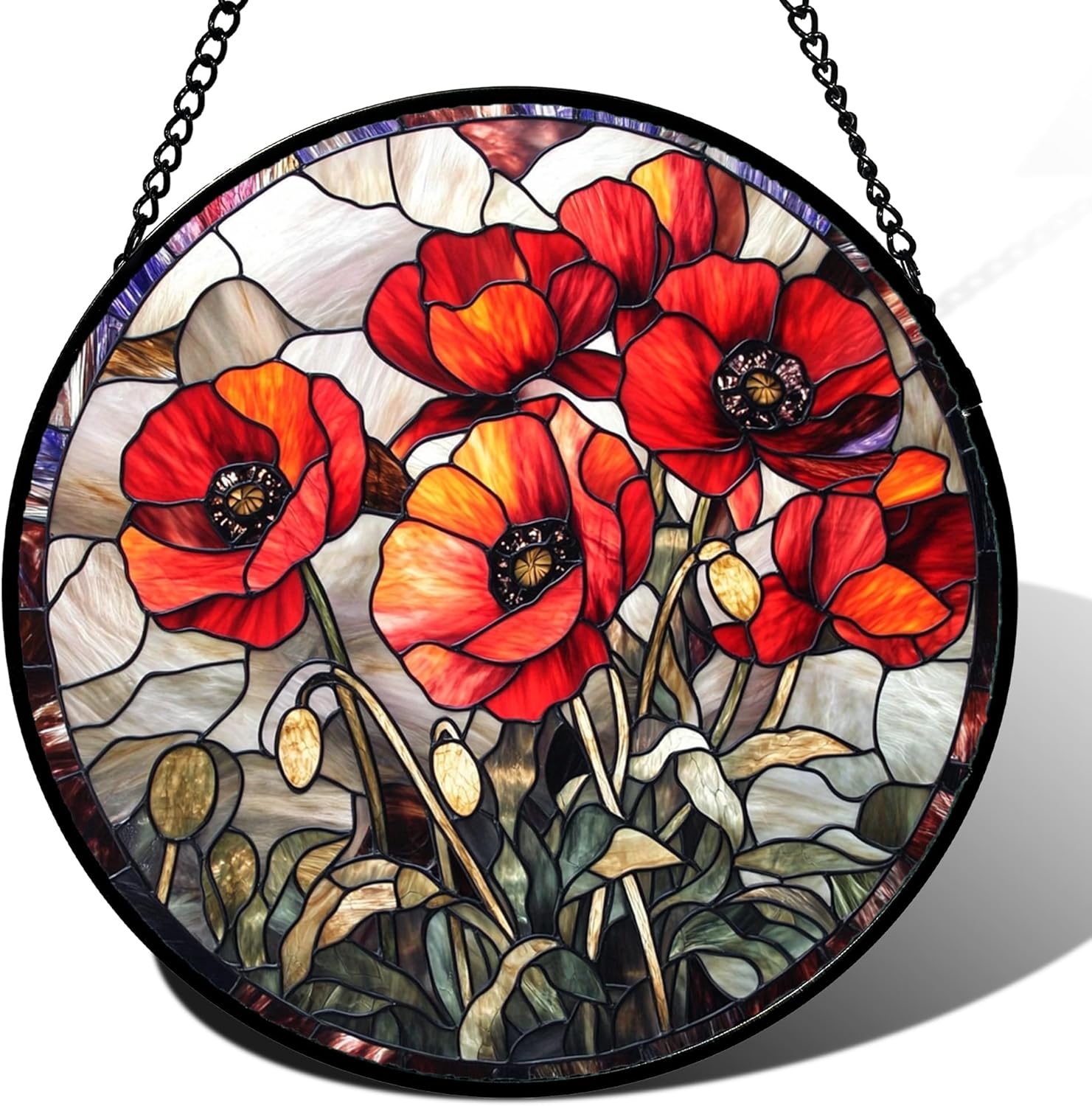 Stained Glass Window Hanging - Vintage Red Poppy Birth Flower Sun Catcher for Door Garden Home Decor Suncatcher Christmas Mother's Day Birthday Gifts for Women Mom Girl Nana Friend 11.8 in