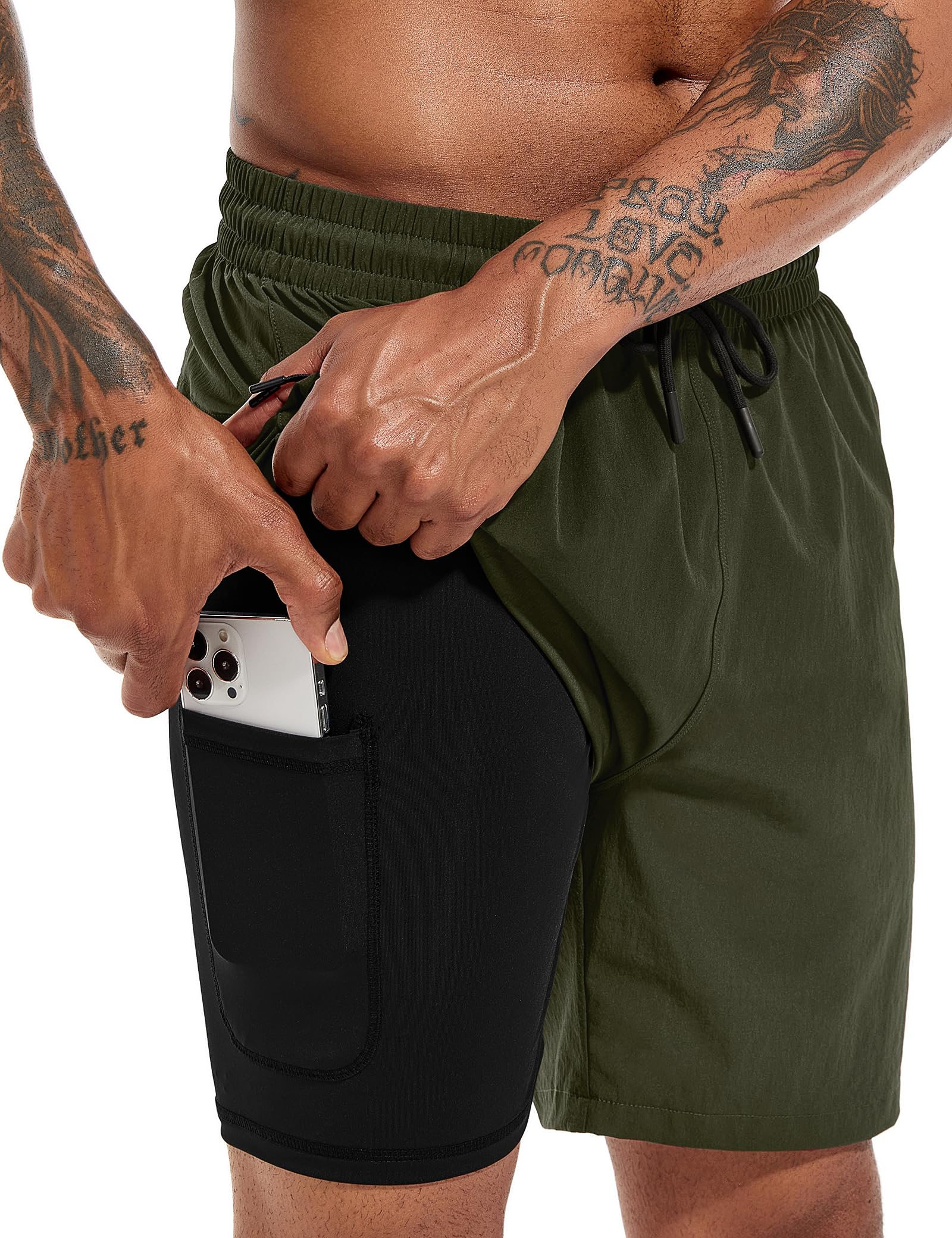 Atforna Badehose Herren Lang 2 in 1 Badeshorts mit Kompression Schnelltrocknend Atmungsaktiv Swim Shorts mit Reißverschlusstasche Verstellbar Tunnelzug
