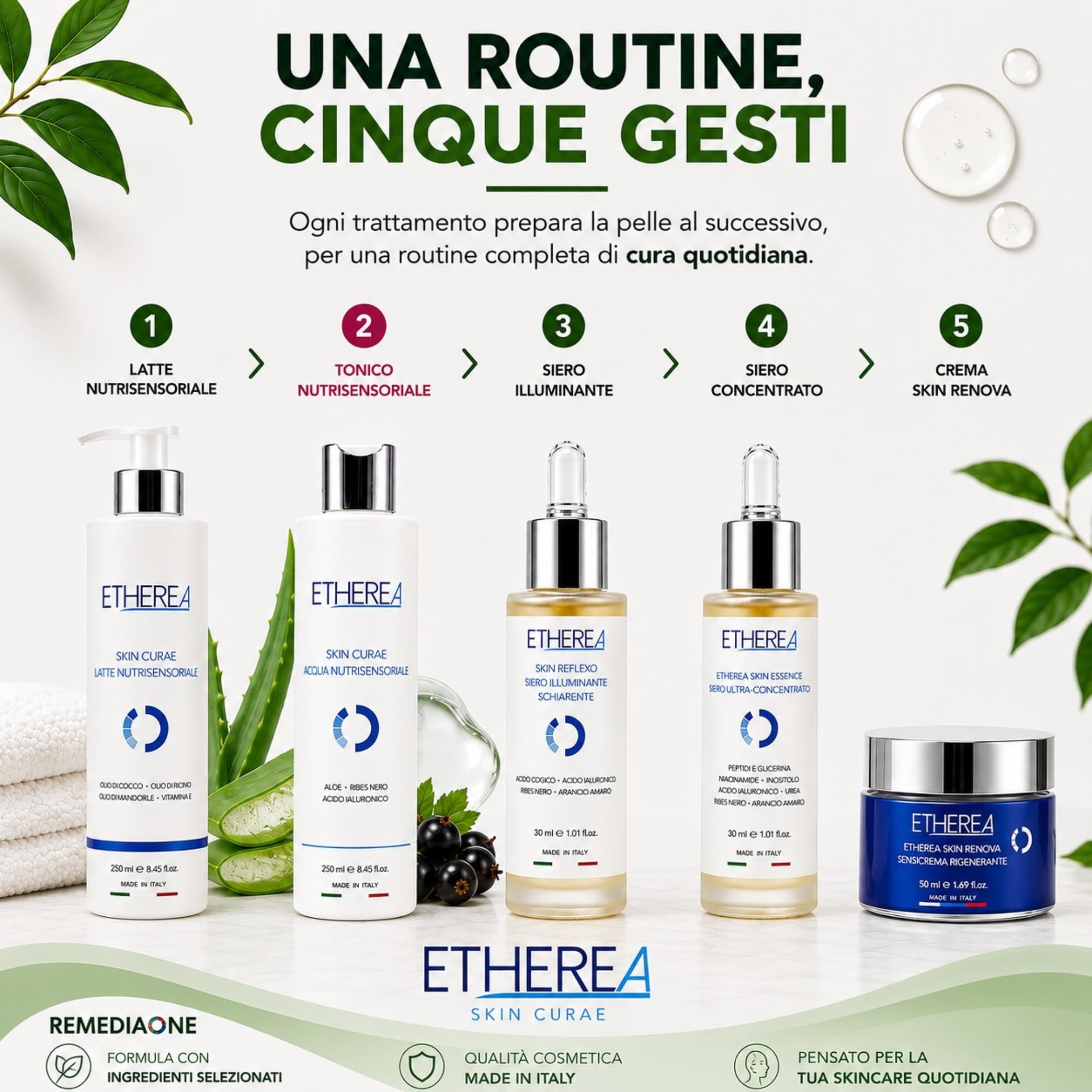 REMEDIA ONE Etherea Tonico Viso Acqua Nutrisensoriale, Ricarica 1 Litro | Face Toner, Acido Ialuronico, Aloe e Ribes Nero, Senza Alcool, Nichel Tested, Tutti i tipi di pelle, Made in Italy