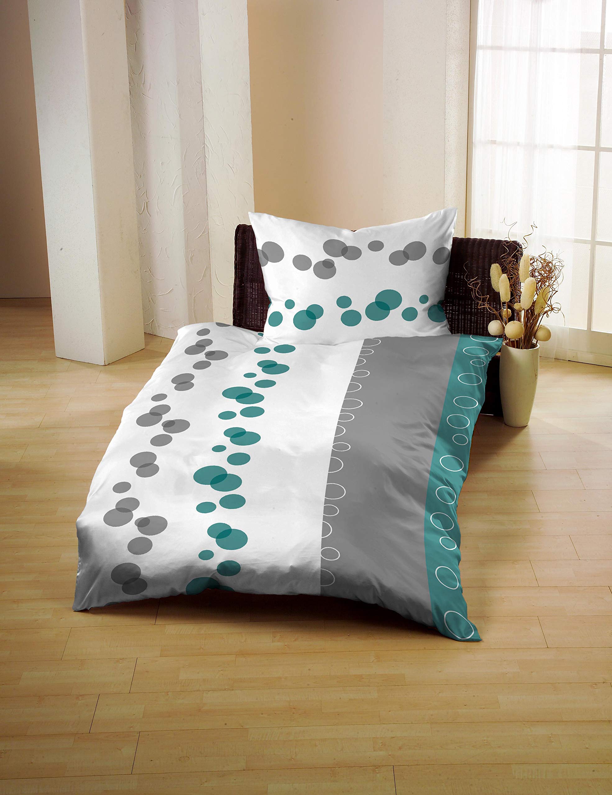 Bettwäsche 155x220 cm + 80x80 cm, Baumwolle Mako Satin, Kreisen Aqua-Türkis Grau Weiß