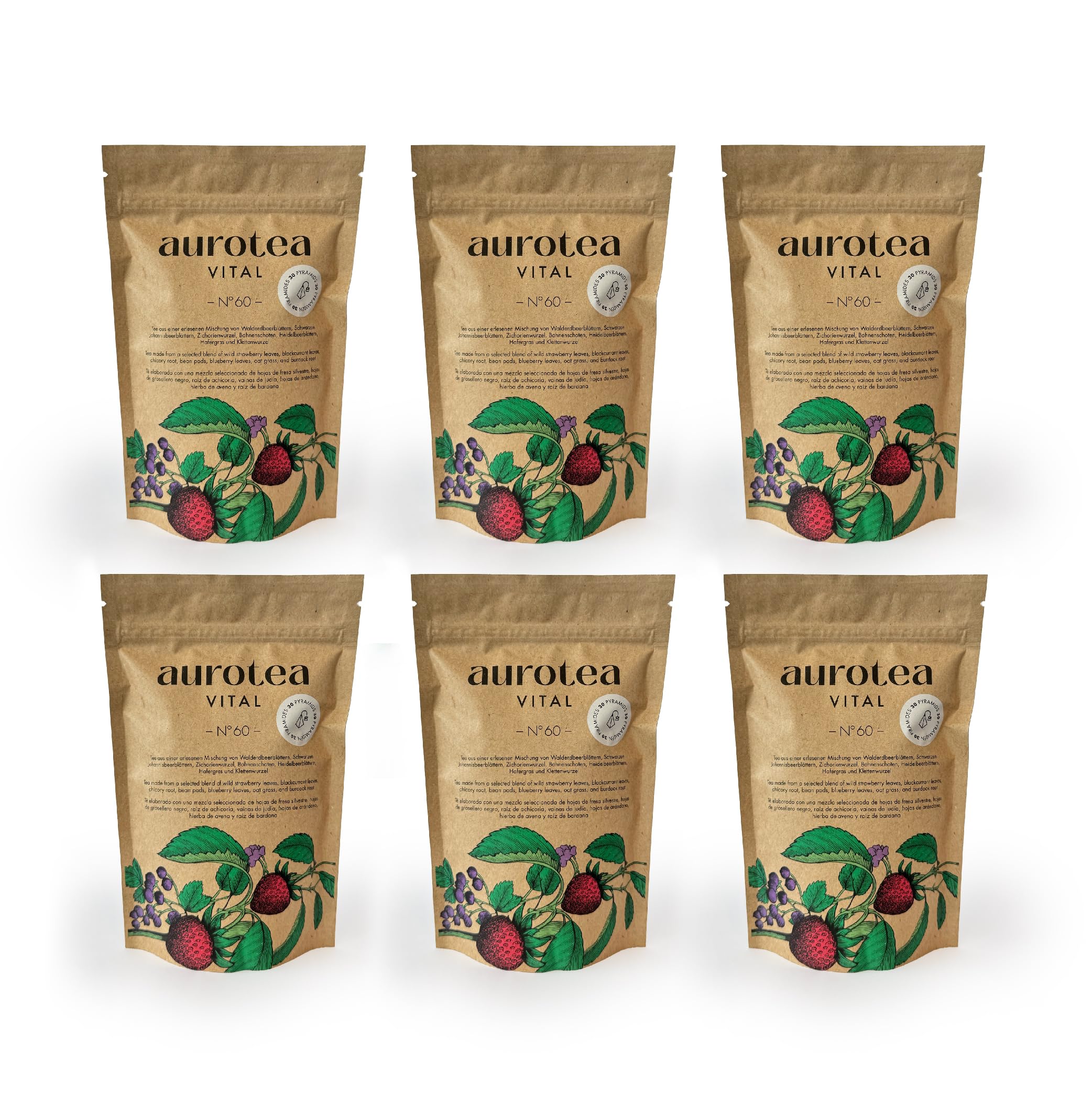 AuroTea Vital Nº 60 – Premium Kräuter-Balance-Tee | Mit Chicorée, Bohnenschoten, Klettenwurzel & Hafergras | Mit Inulin-Ballaststoffen aus Chicorée | 180 Pyramidenbeutel (6 Packungen)