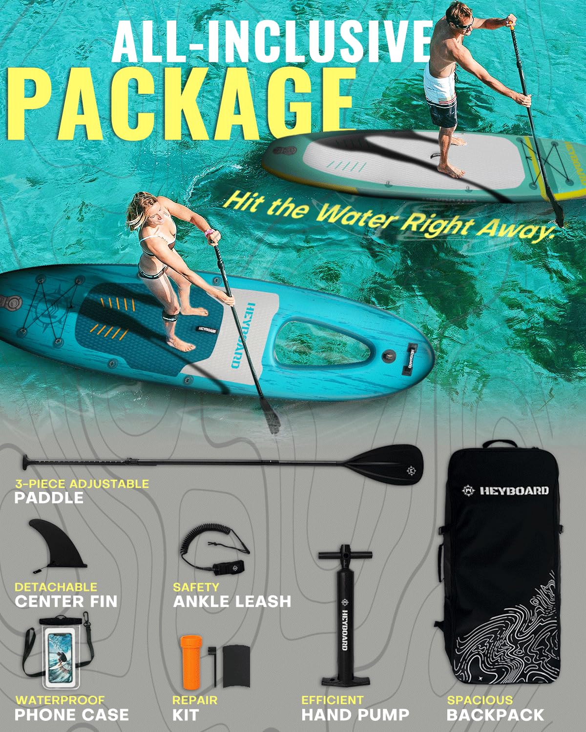 HEYBOARD Prancha de stand-up paddle inflável com janela de