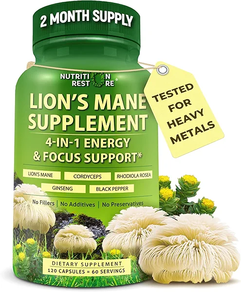Organic Lion's Mane Supplement Capsules - Contains Naturally Occurring Beta Glucans & Polysaccharides, Enhanced with Organic Energy & Focus Support Blend: Cordyceps, Rhodiola Rosea, Ginseng, 120 Count