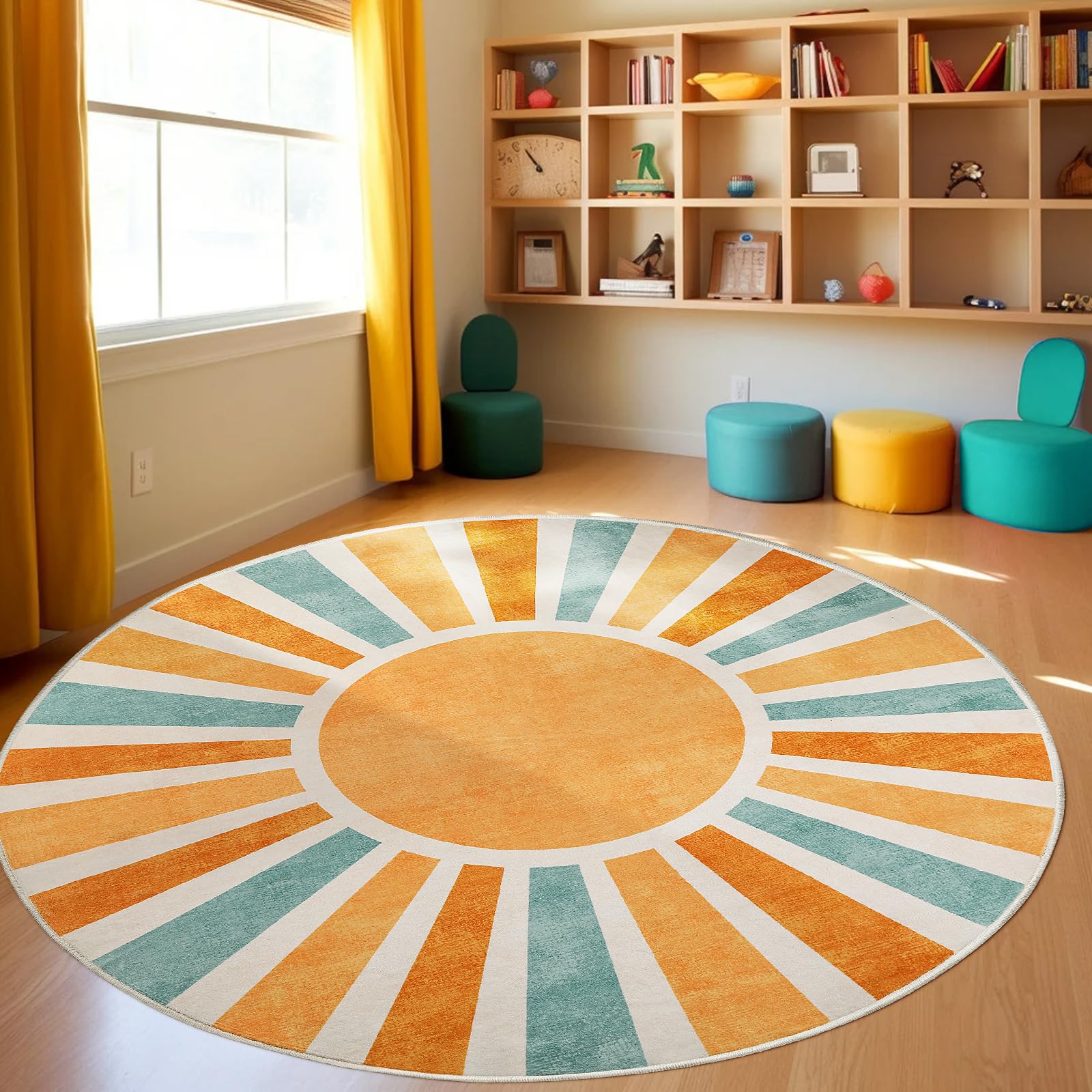 Boho-Teppich, rund, 1,8 m, bunt, groß, waschbar, für Klassenzimmer, Sonnendruck, Used-Kreis, Kinderteppich, weicher, dünner Bodenteppich, rutschfest, niedriger Flor, Kinderzimmerteppich für