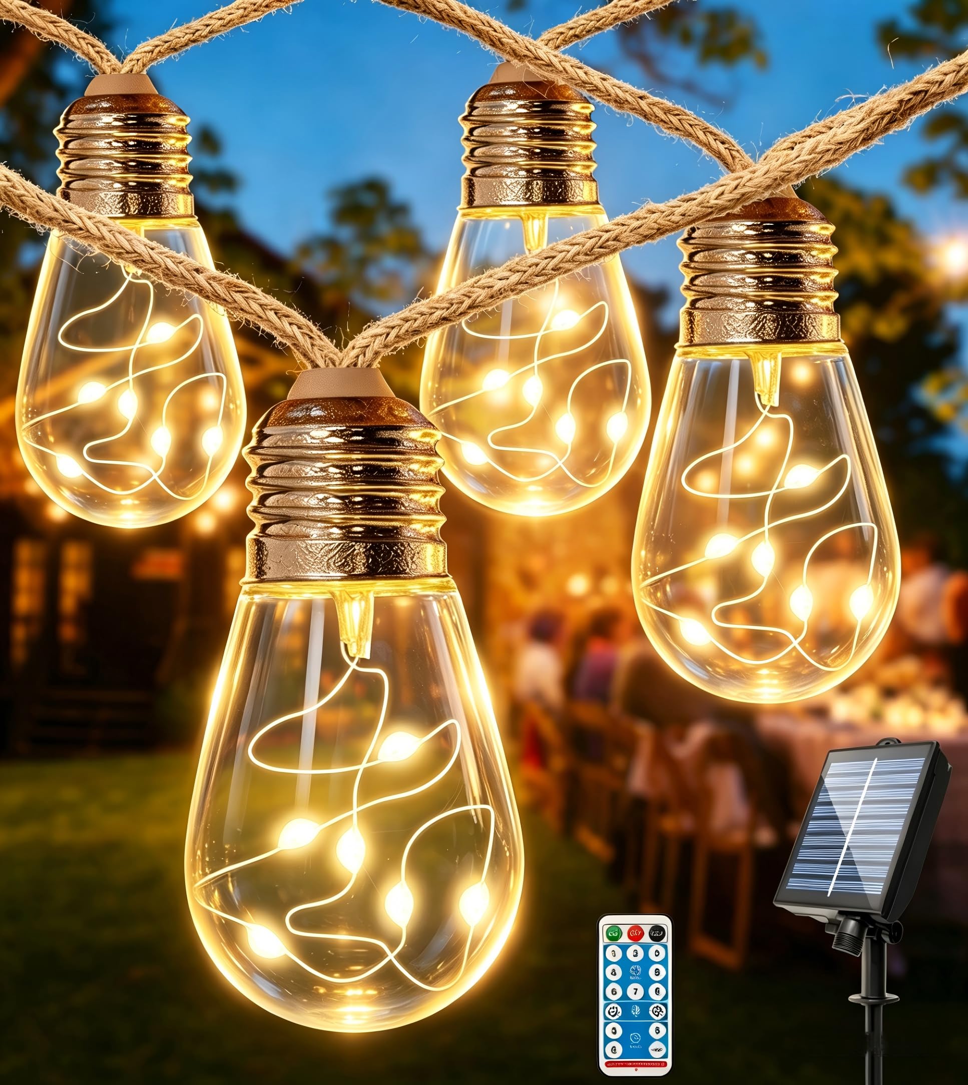 Litohom Warm White Solar Festoon Lights Outdoor,9.6M/31.5Ft S14 Solar String Lights Outdoor,20 Shatterproof Bulbs Garden Outdoor Lights,Ip65 Waterproof,Personalized 8 Modes,Remote For Patio Balcony Backyard Party Decor