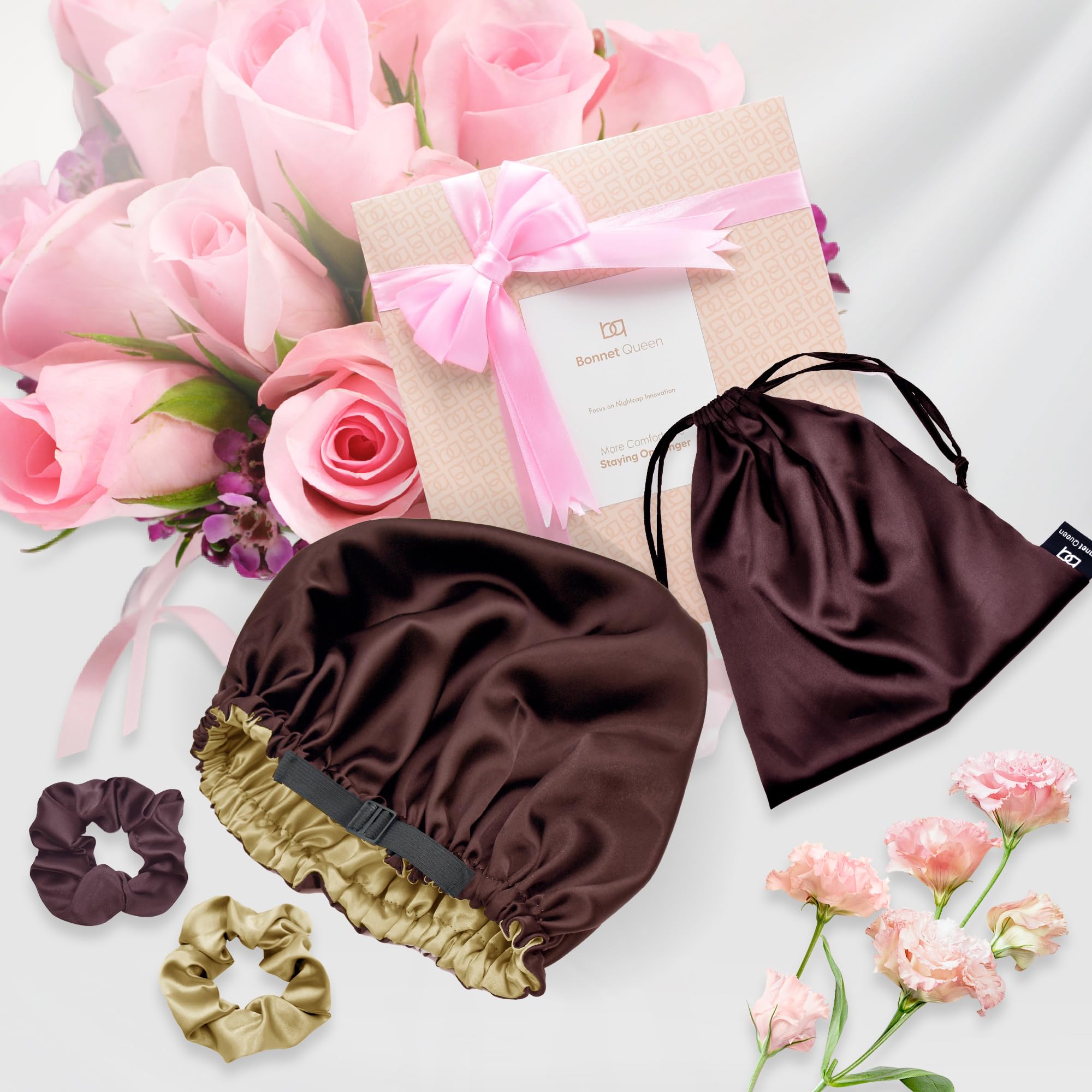 BONNET QUEEN Cuffia Seta Capelli Notte, Reversibile Cuffia Capelli Ricci Notte, Fascia Elastica Doppio Strato Silk Bonnet con 2 Elastici in Seta & Borsa Portaoggetti, Oro&Cioccolato, Set 4 Pezzi