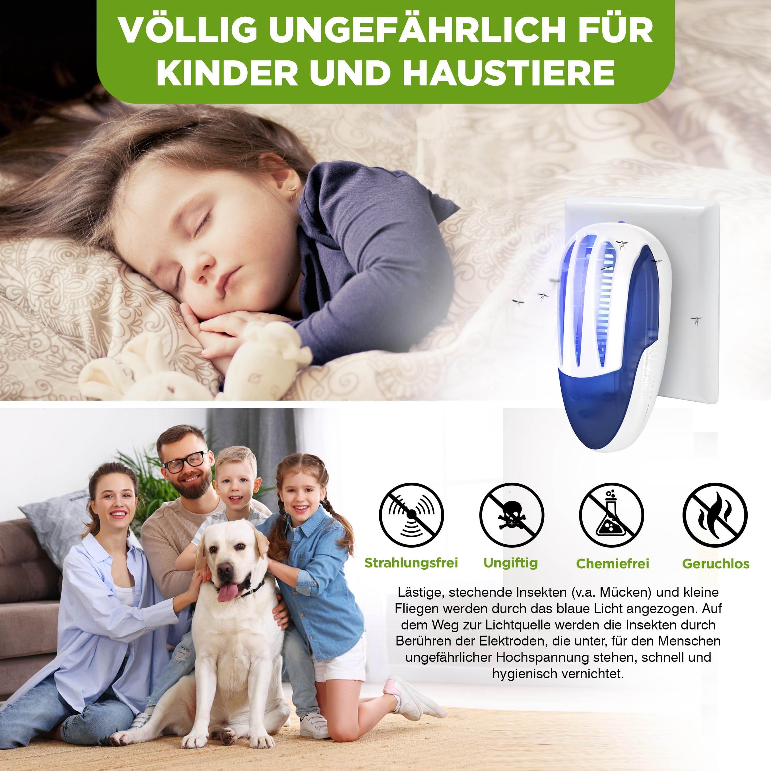 ISOTRONIC Elektrischer Insektenvernichter schützt vor Mücken, Motten & Fliegen – UV Mückenlampe mit 1.000V für Innen – Wirkungsbereich von 30m² (4 Stück)