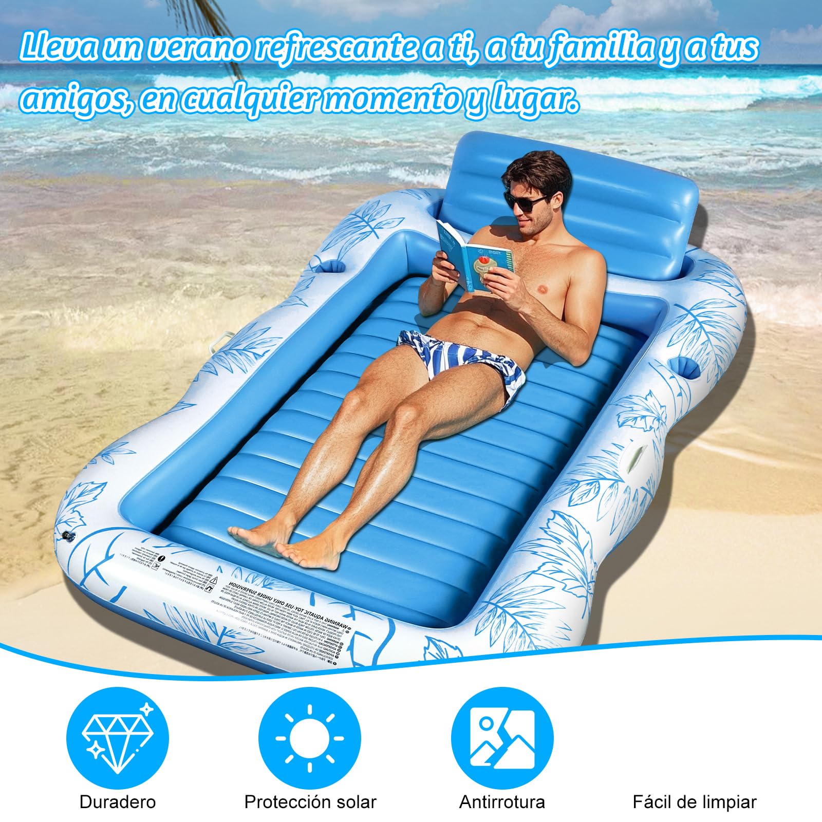 Charmofun Colchón de Aire Piscina, Flotador Inflable de Bronceado Grande, Piscina Bronceado Hinchable Adultos, Hamaca de Agua Colchón de Aire con Portavasos, para Adultos y Niños
