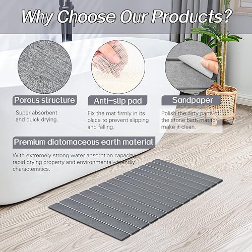 Miniatura 4 de Paquete de 2 tapetes de baño plegables de piedra, alfombra de baño gris súper absorbente de tierra de diatomeas, tapete de ducha antideslizante,