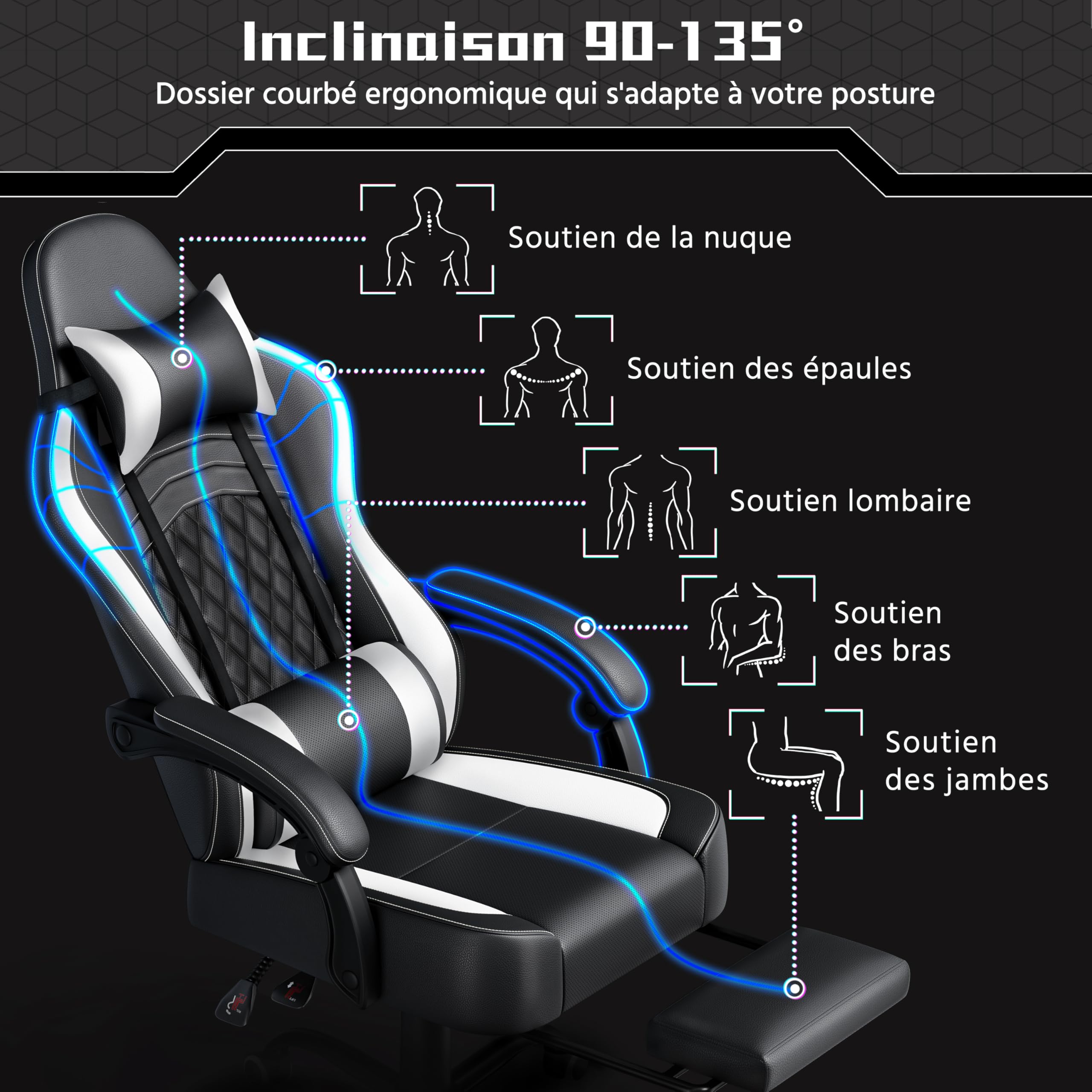 Abician Fauteuil Gaming Pivotant Ergonomique, Chaise d'ordinateur Inclinable avec Coussin Lombaire, Massant Têtière Amovible Repose-Pieds Coulissant, Assise Réglable en Hauteur, Noir/Blanc