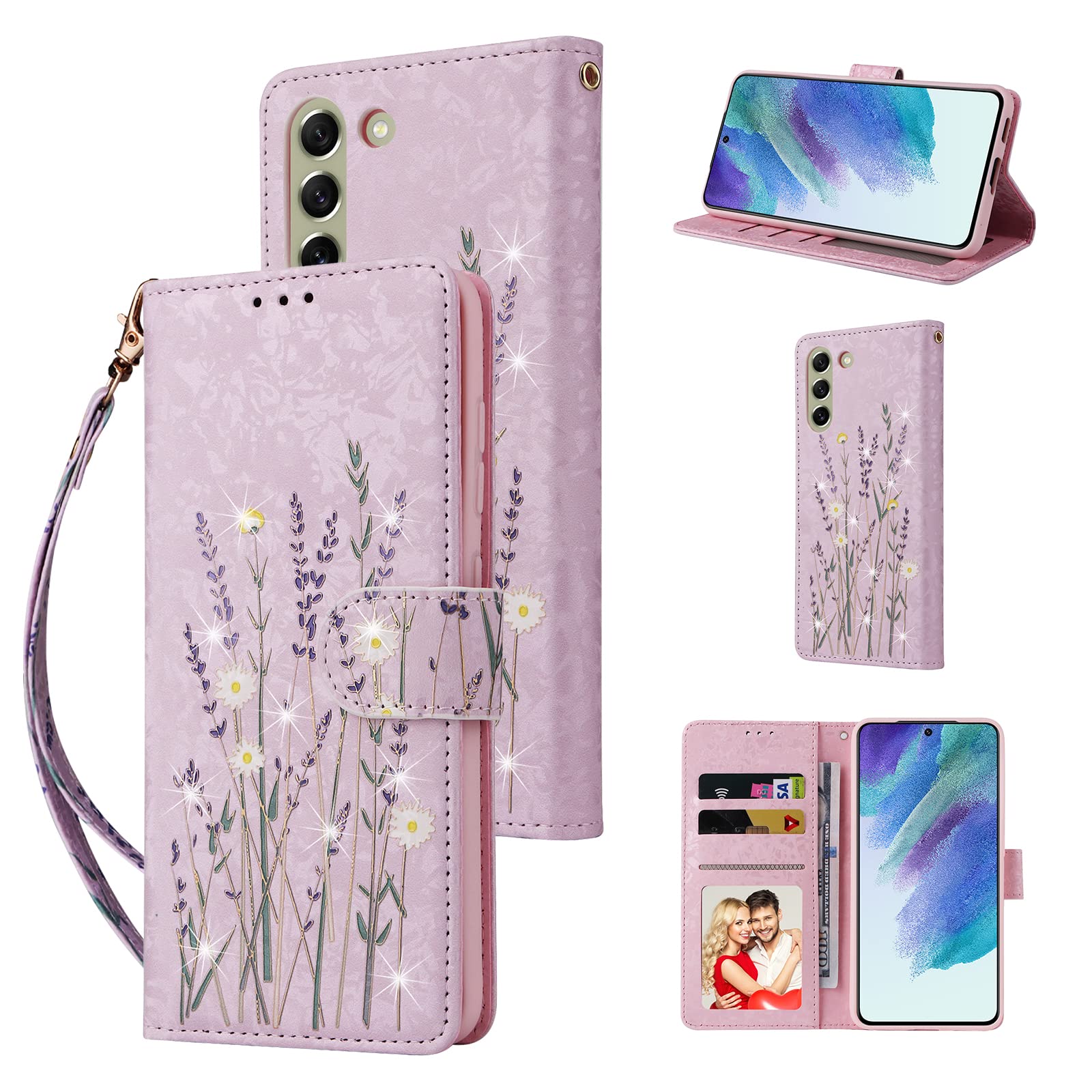 UEEBAI Wallet Case for Samsung Galaxy S21 FE 5G, PU Leather Phone Case Kickstand RFID Blocking Flip Case with Card Slots Wrist Strap Relief Engraved Pattern Magnetic Closure Folio Case - Pansy
