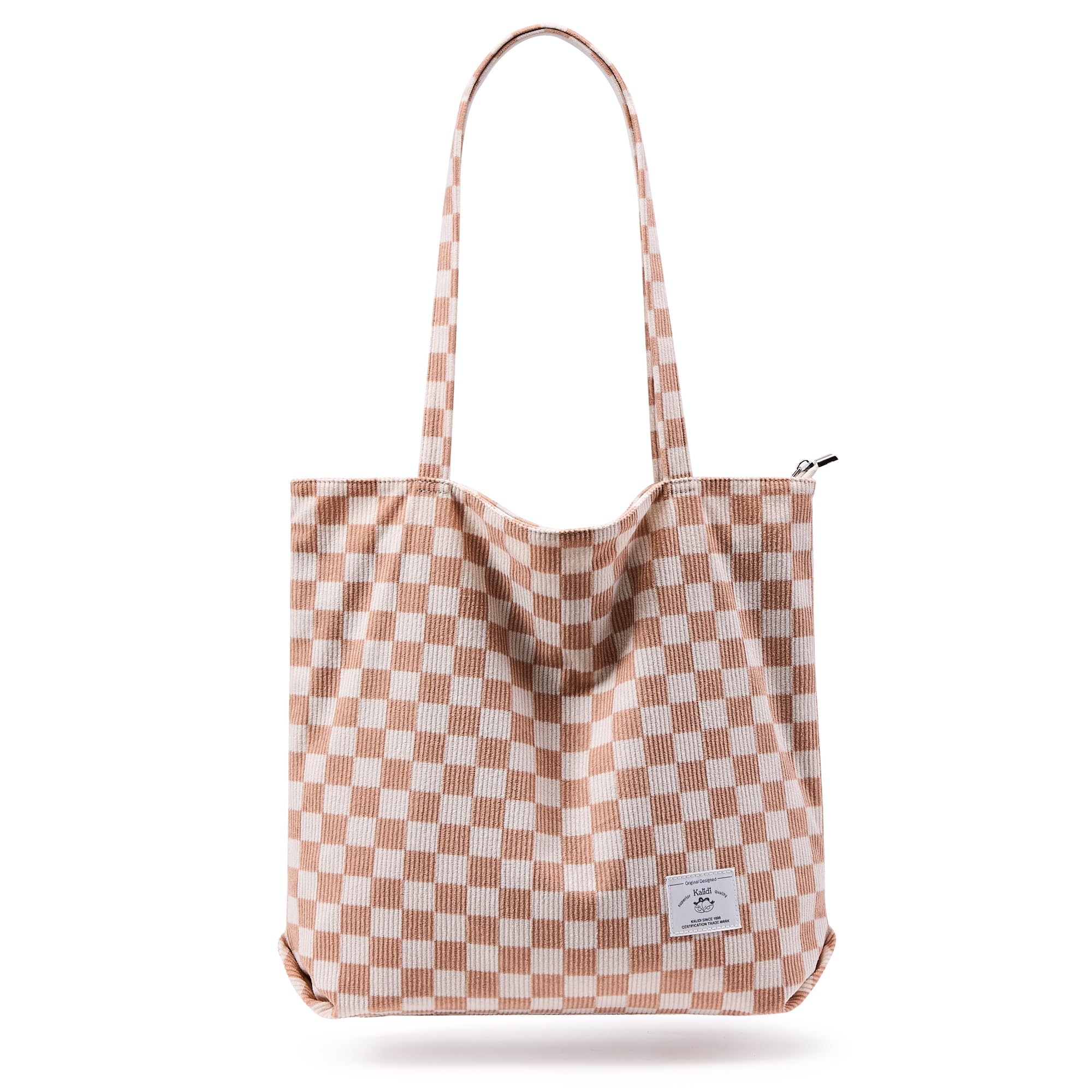 KALIDI Women Corduroy Tote Bag Zipper Casual Tote's Handbag Big Capacity Shoulder Bag with Pockets Checkerboard Khaki