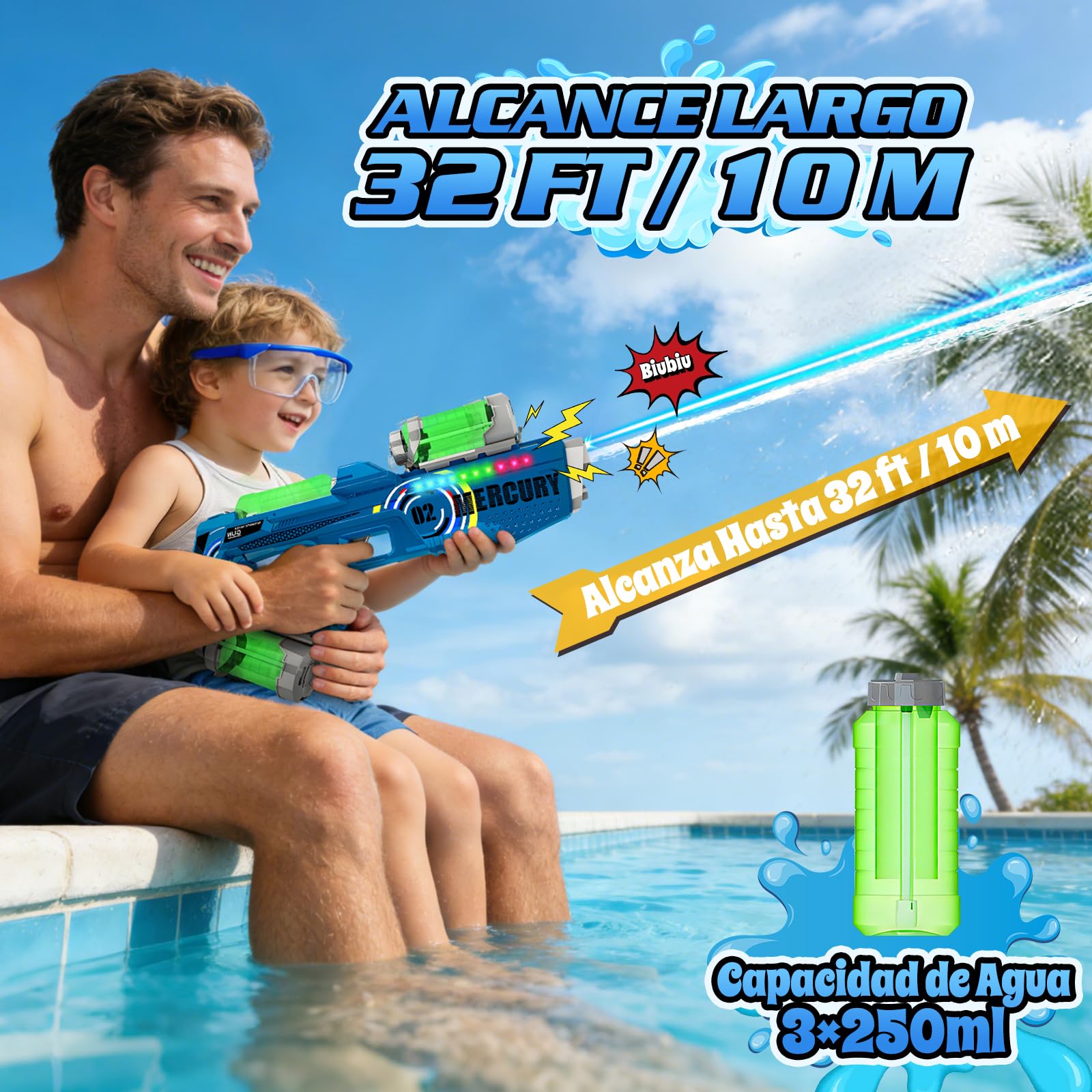 FORMIZON Pistola de Agua Eléctrica, Pistola de Agua de Largo Alcance con Luces y Efectos Musicales, Pistolas de Agua Automática para Niños y Adultos Verano, Playa, Piscina