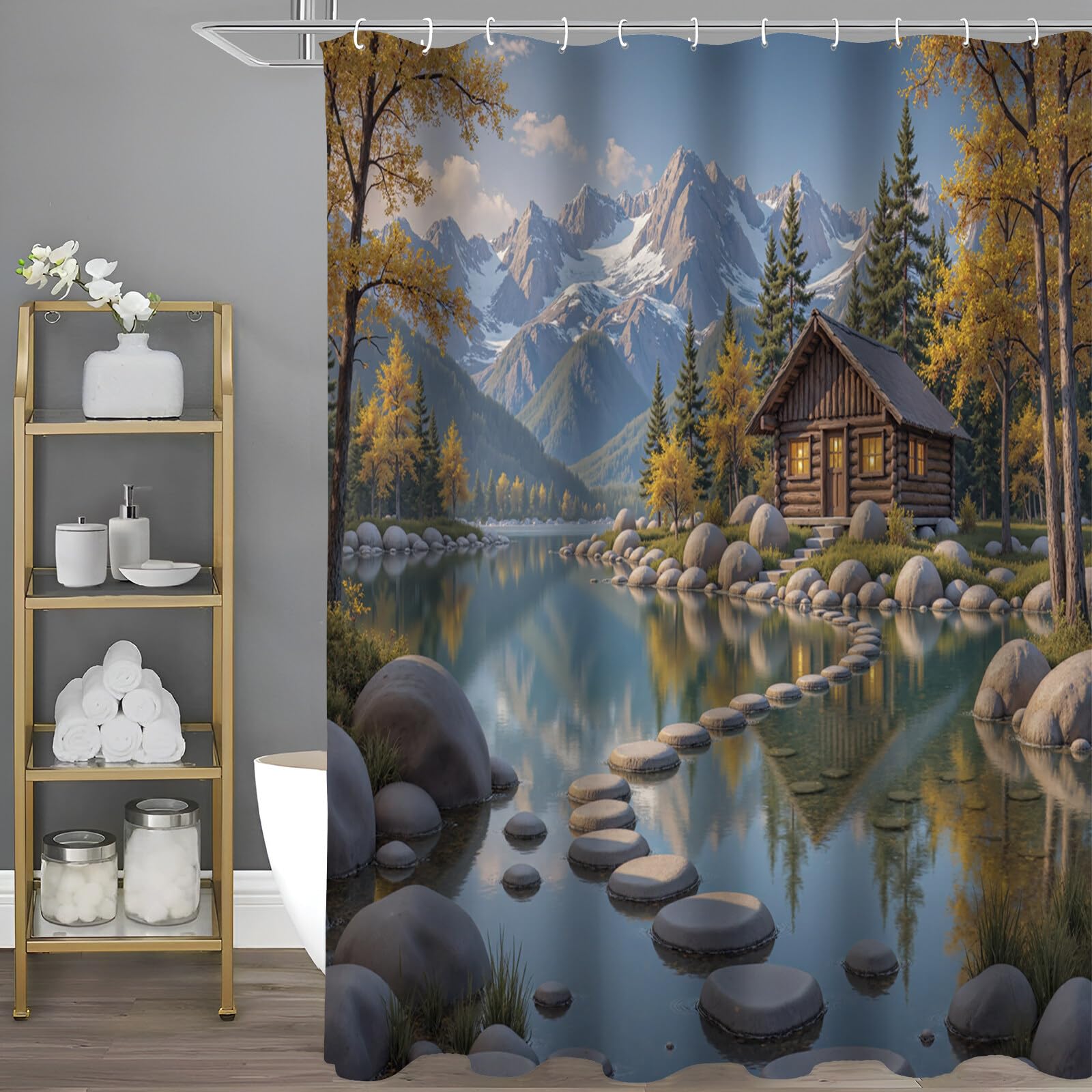 Rideau de douche ambiance chaleureuse automne au coin du lac pour sérénité