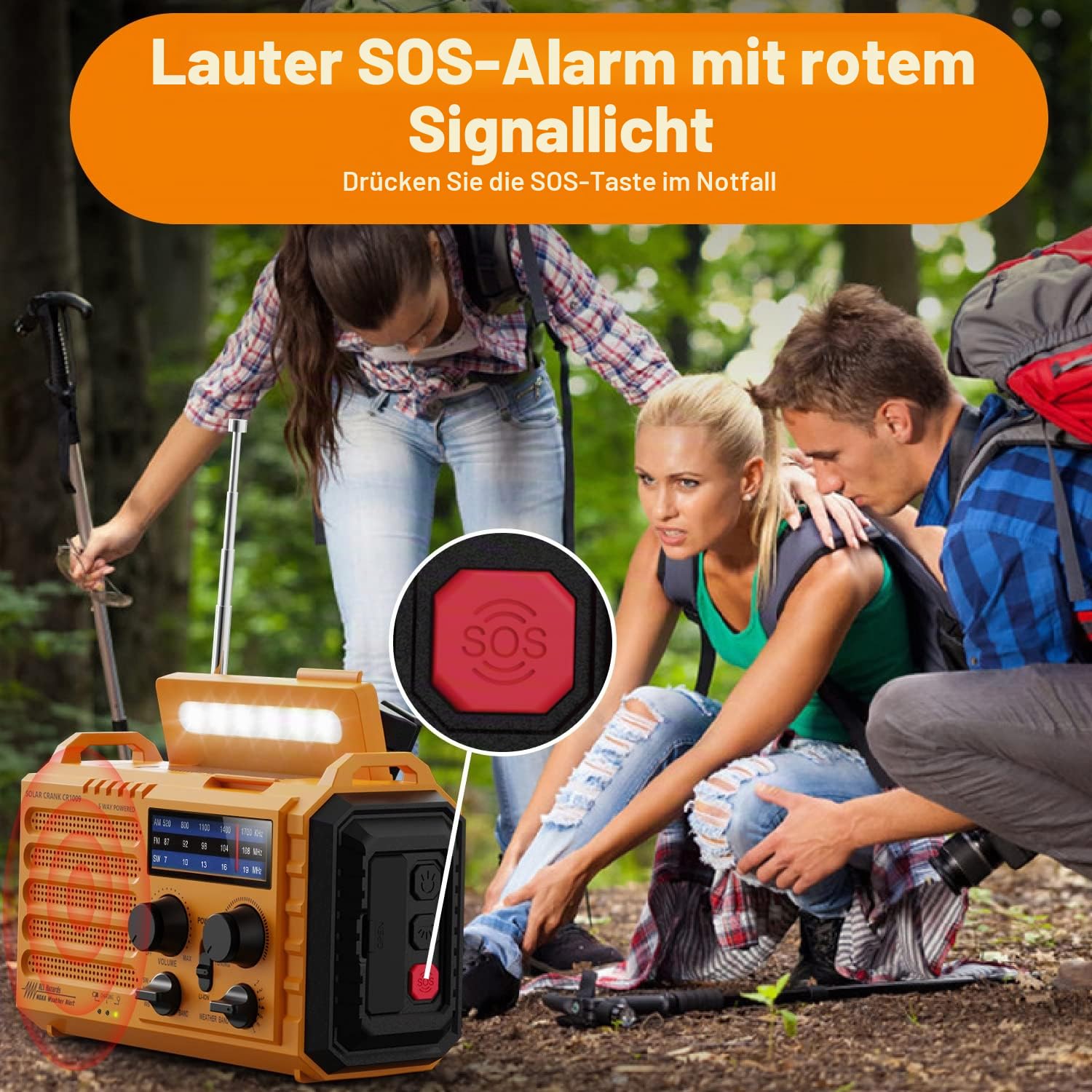 Tragbare Solar Radio, Notfall Radio mit Kurbel, Dynamo Wetter AM/FM/SW Radio, 5000mAh Wiederaufladbare Powerbank, Typ C Anschluss, LED Taschenlampe&Leseleuchte, SOS Alarm, Kompass für Camping Outdoor