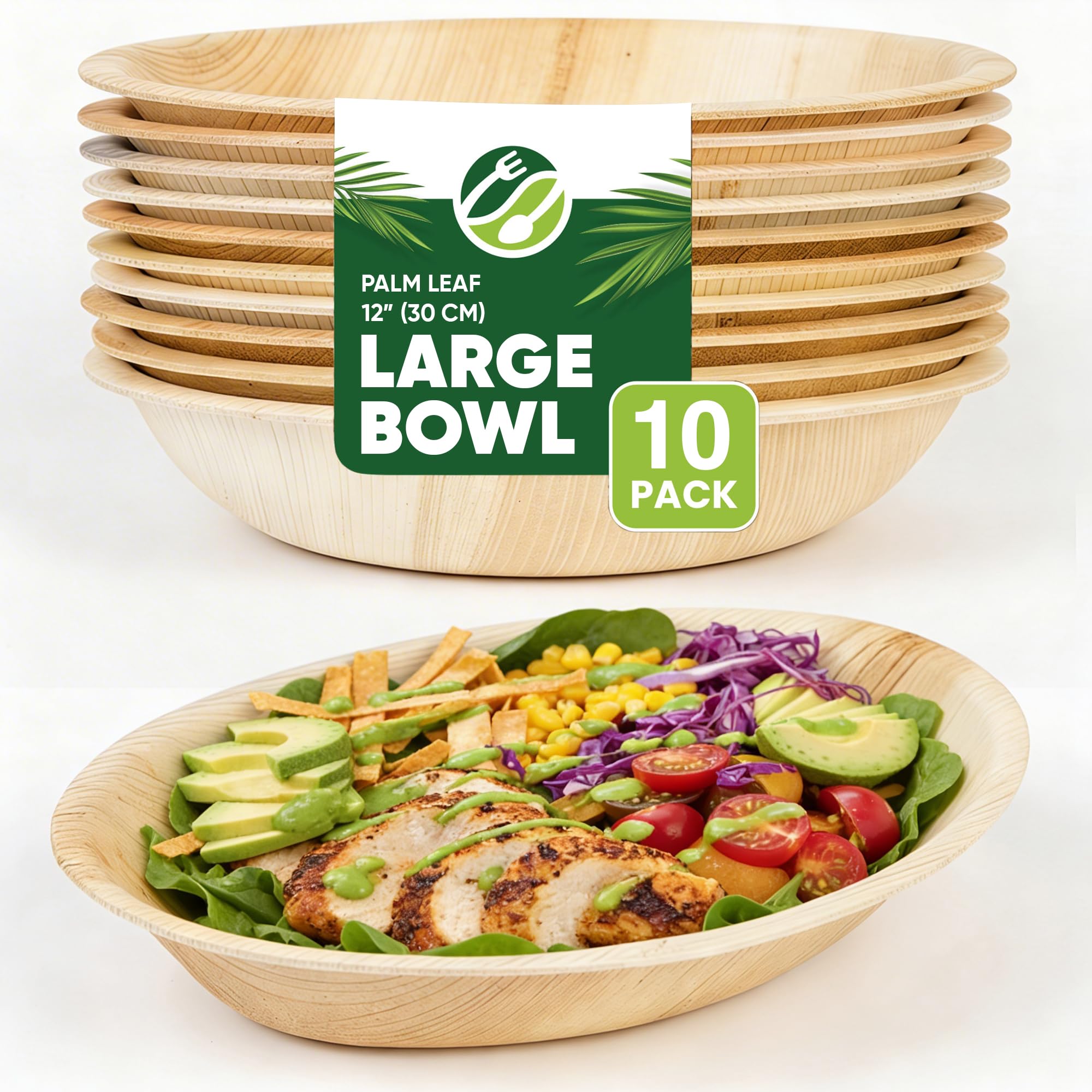 Disposable Palm Leaf Bowls – Pack of 10, 12" (30cm) Large Oval Compostable for Salad, Eco-Friendly, Biodegradable, Heavy-Duty, Microwave & Oven Safe – for Weddings & Parties