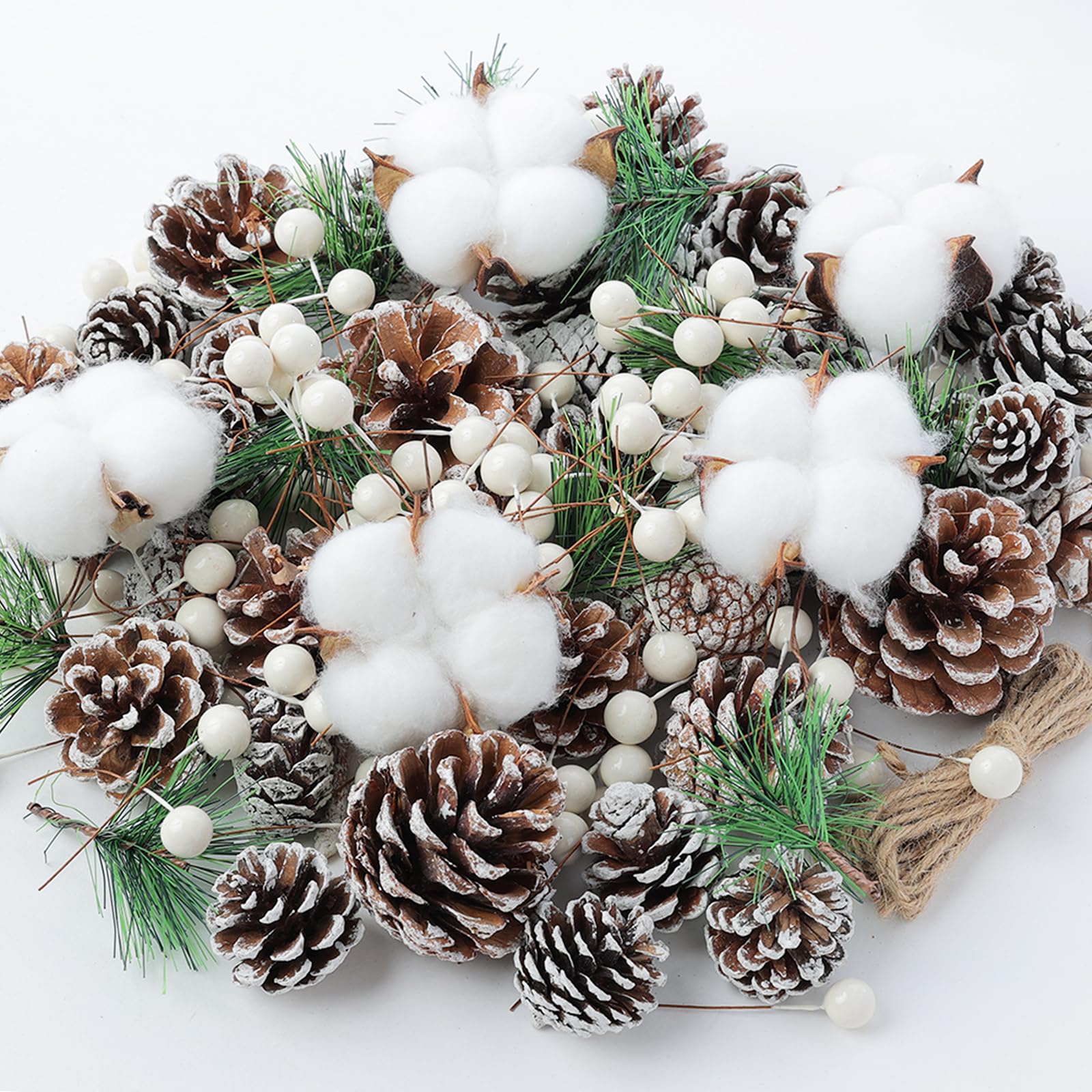 170Pcs Pine Cones Pine Branches Set, Christmas Wreath Making Supplies, Snow Pinecones White Berries Garland Making kit, Artificial Holly Dried Cotton Balls for Xmas Tree Decor Fall Winter Craft