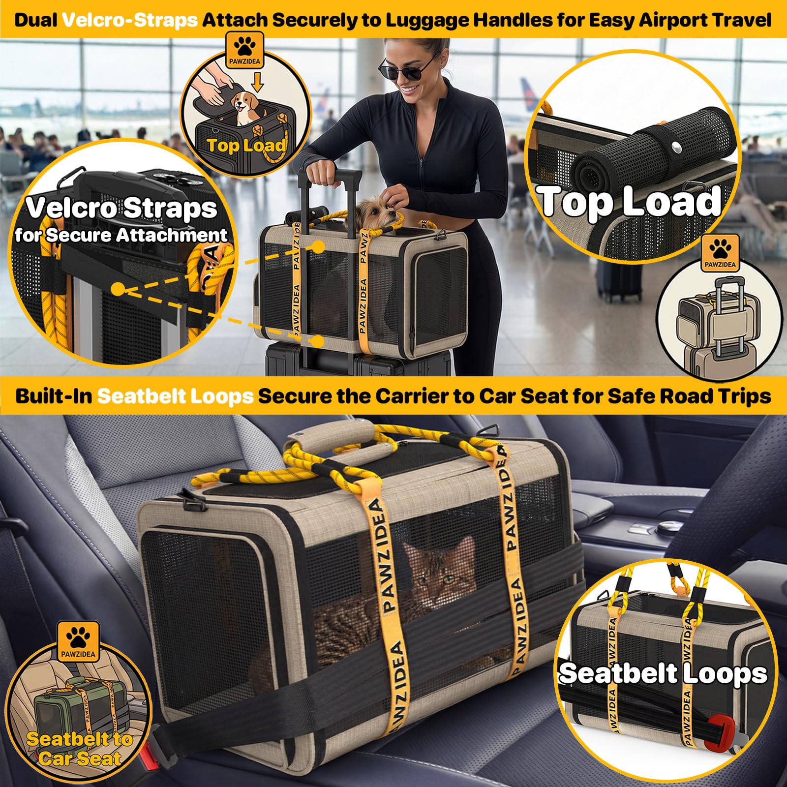 PAWZIDEA Expandable Pet Carrier, 18×11×11 TSA Airline Approved Small Dog Carrier up 18 lbs, Top-Load Cat Carrier for 2 Cats Under Seat, Collapsible Soft-Sided Puppy Travel Bag, Seatbelt Loops, ID Card - image 6