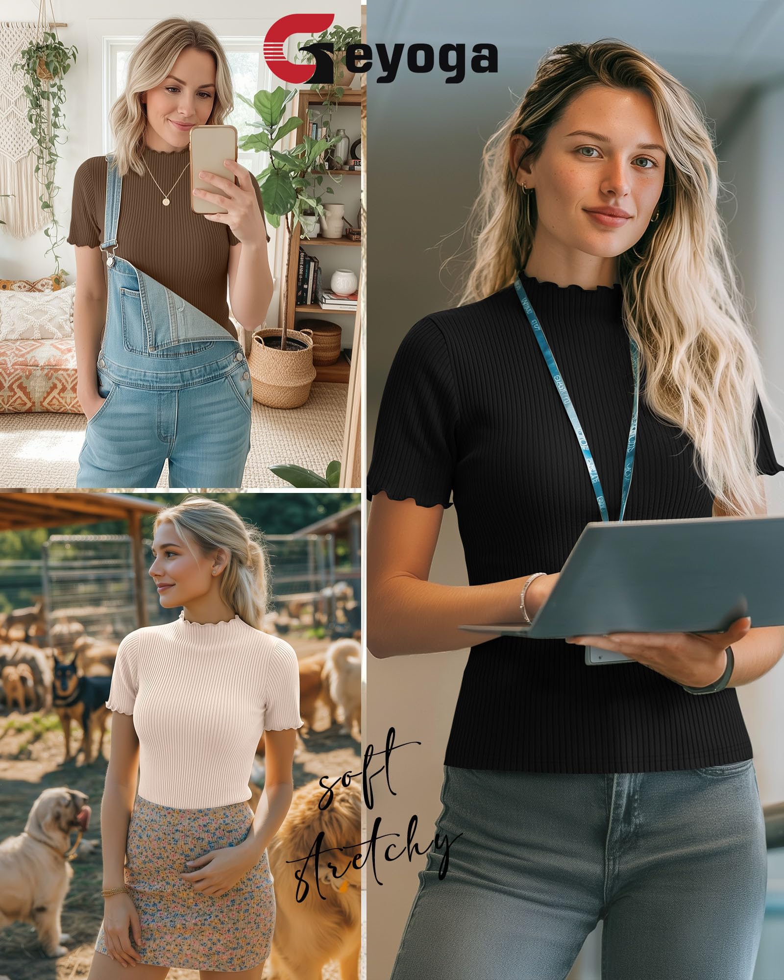 Geyoga 3 Tops Mujer Cuello Perkins | Camiseta De Algodón De Manga Corta, Tejido Acanalado Y Borde Ondulado. Ajuste Ceñido Y Tejido Elástico.