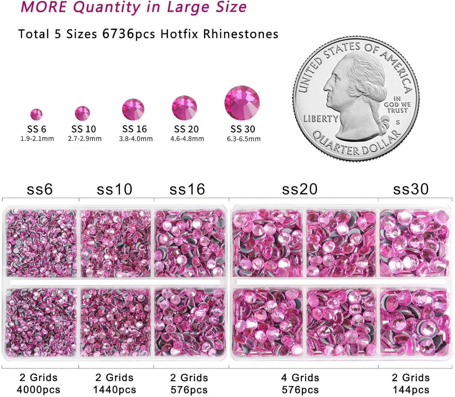 BEADSLAND 6736pcs Hotfix Rhinestones Flatback,Pink Rhinestones for Crafts Clothes Mixed 5 Sizes, Hotfix Crystals with Tweezers and Wax Pencil Kit, SS6-SS30,Dark Pink - Image 3