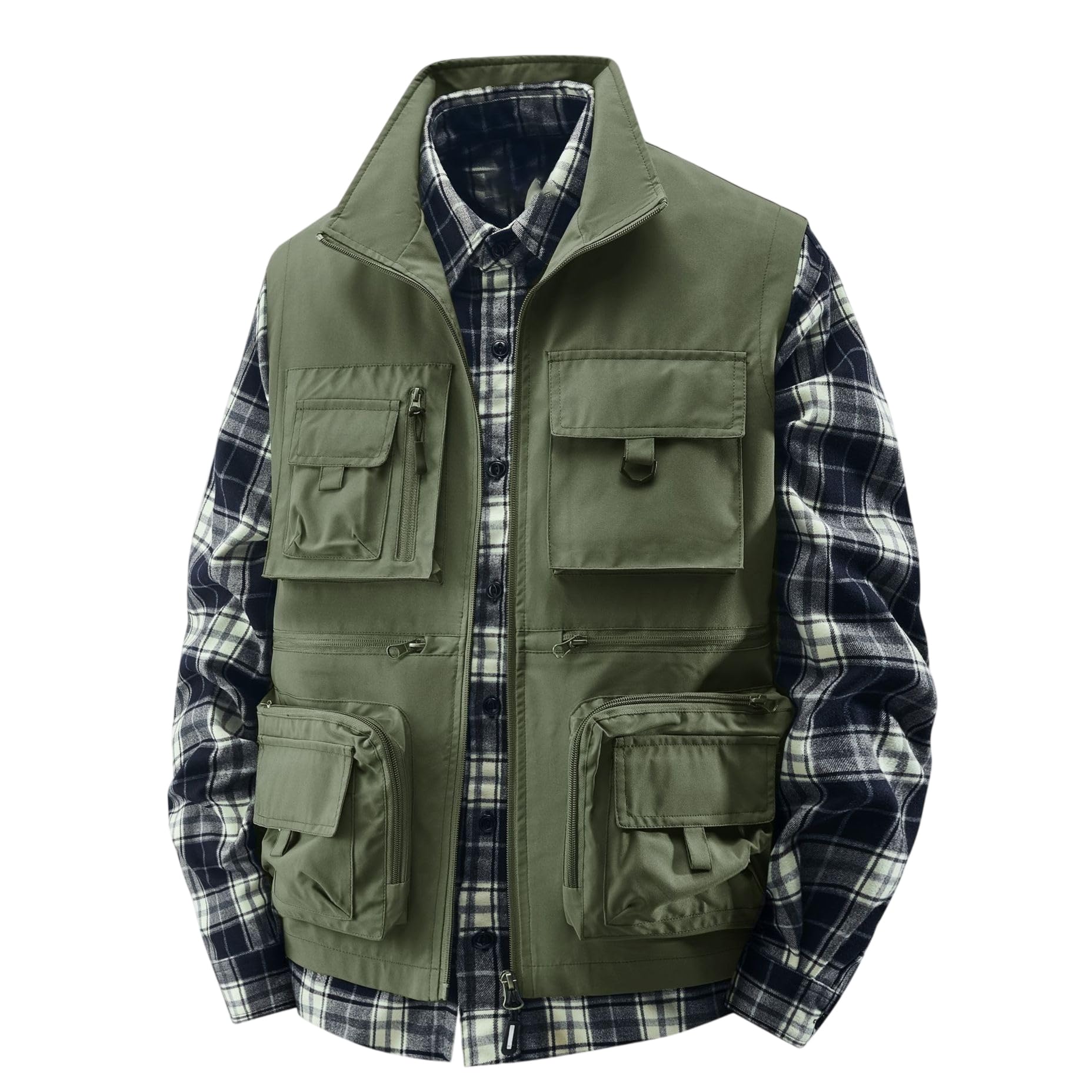 Gilet leggero da uomo per pesca e fotografo, con tasche multiple, gilet da lavoro in stile cargo, colletto alto, cerniera frontale