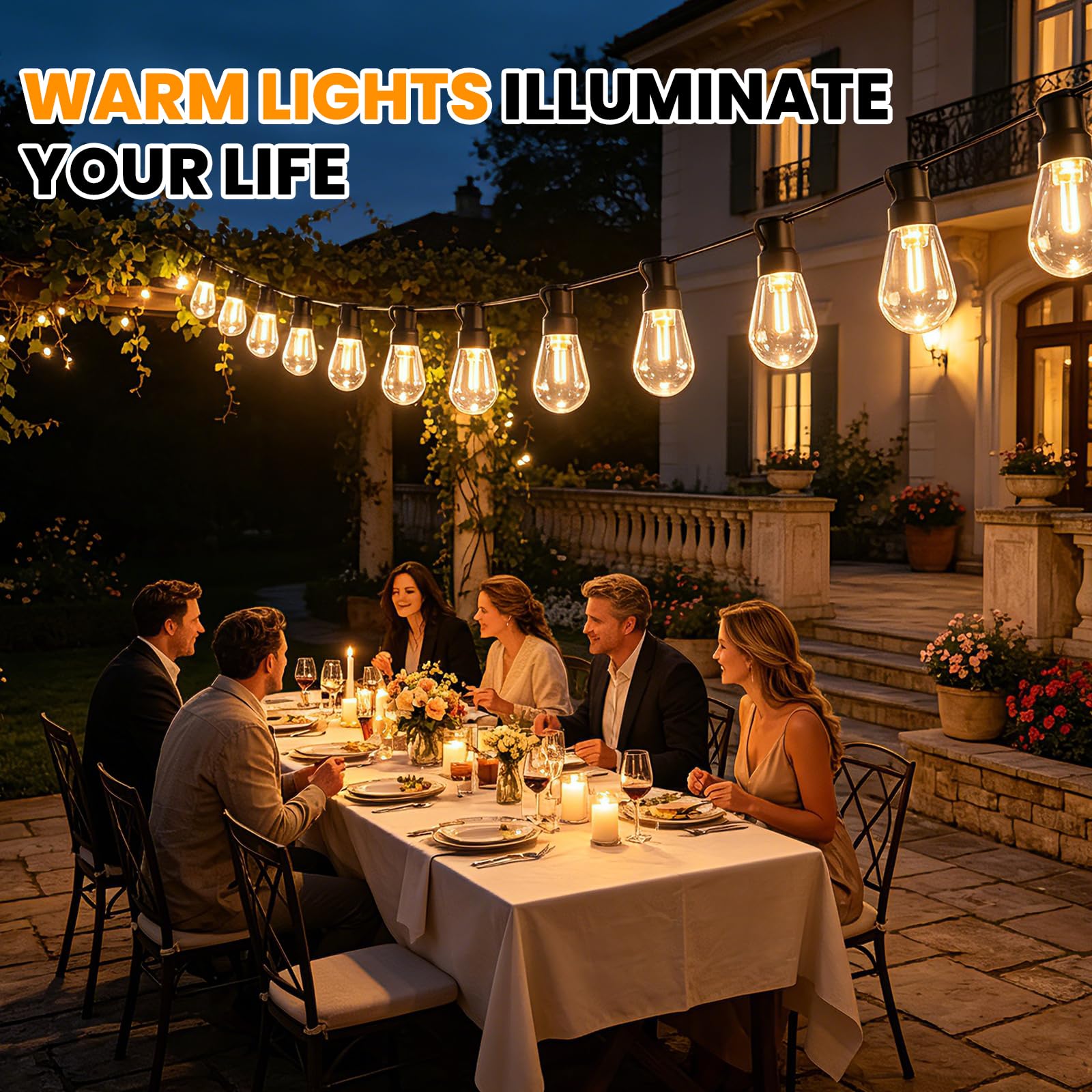 24V Tira LED para exteriores [50 LEDs/60M, blanco cálido], luz de jardín impermeable IP67, tira de bombilla esférica PC irrompible con gancho en S, decoración para hogar y jardín
