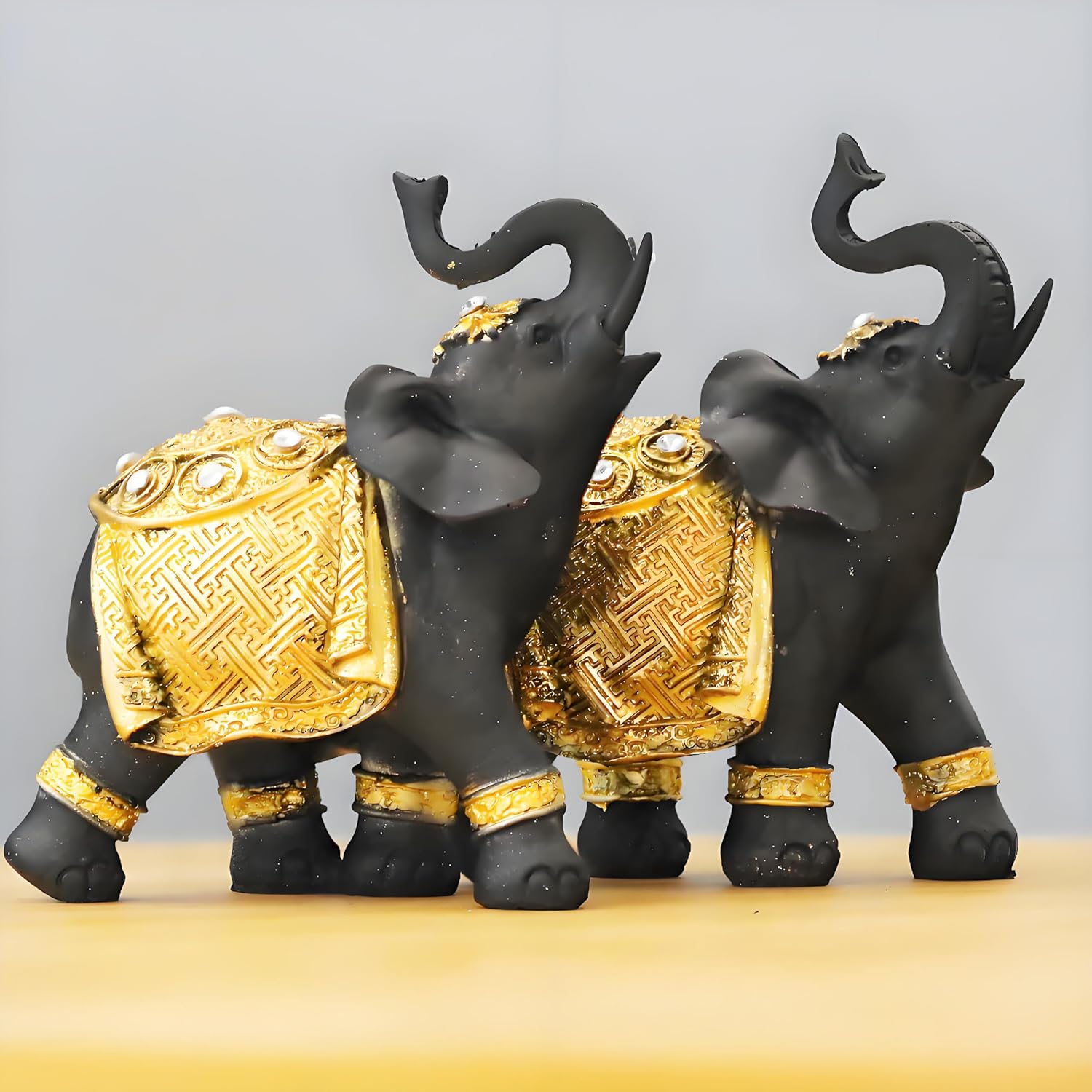 Luck Elephant Decor Set with Trunks Up - Feng Shui Resin Black and Golden Couple Elephant Figurines - Pair of Elephants Statue, Modern Sculpture for Home Decor - Image 8