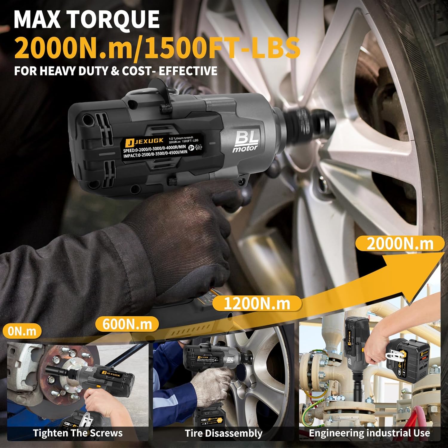 1500Ft-lbs 1/2" Cordless Impact Gun, 2000Nm Impact Wrench with 2 x 6.0Ah Battery & 5 Socket, 21V Brushless High Torque Electric Pistolas de Impacto, Llave de Impacto for Heavy Truck Mower - Image 2