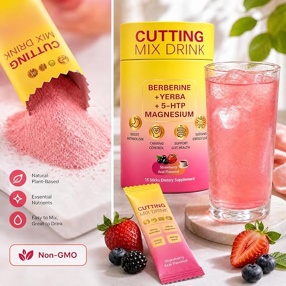 Cutting Drinking Mix - Digestive & Gut Health Support with Magnesium, Yerba Mate & 5-HTP for Sustained Energy, Sugar-Free Vegan Energy Drink Mix, Strawberry Acai, 15 Count