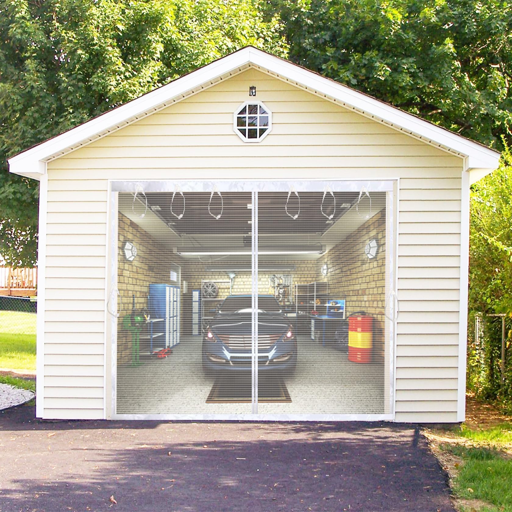 SANJINFONMagnetic Garage Door Screen 10x7 FT for Car Garage Door 120'' x 84'', 10x7ft Premium Durable Fiberglass Mesh Door Curtains, Strong Magnets, Easy to Install (White, Screen Size 10.3x7.15ft)