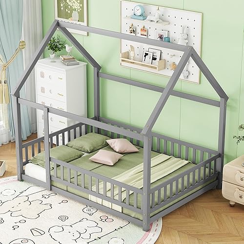 Miniatura 50 de Bellemave Cama Montessori de madera con valla y techo para niños, marco de cama individual para niños, niñas (individual, blanco)